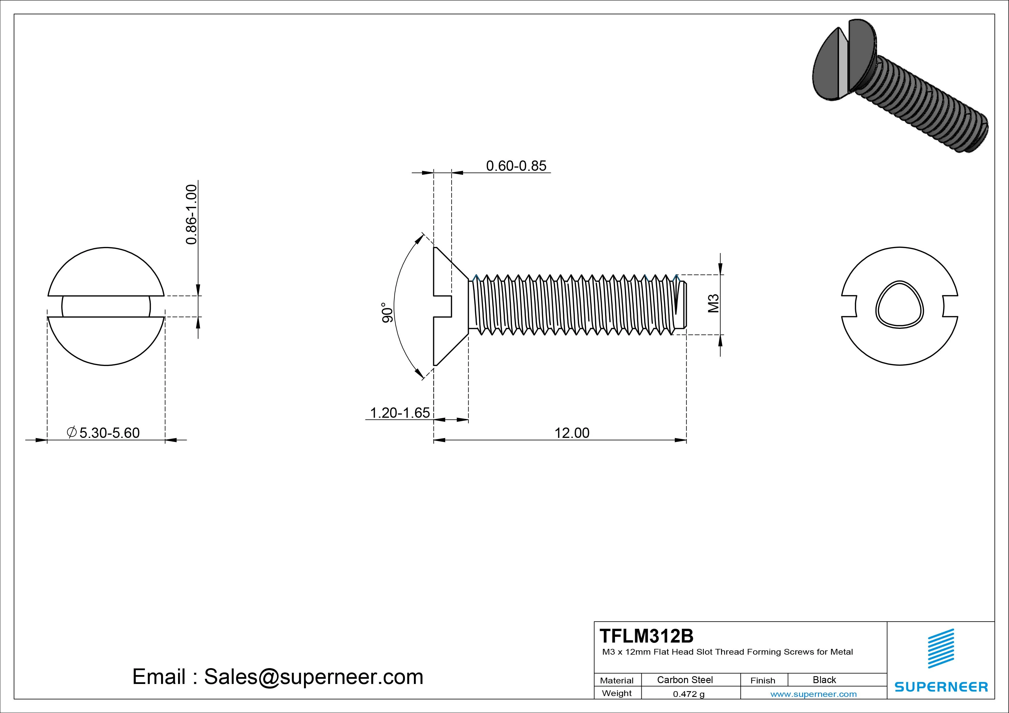 M3 &times; 12mm Flat Head Slot Thread Forming Screws for Metal Steel Black