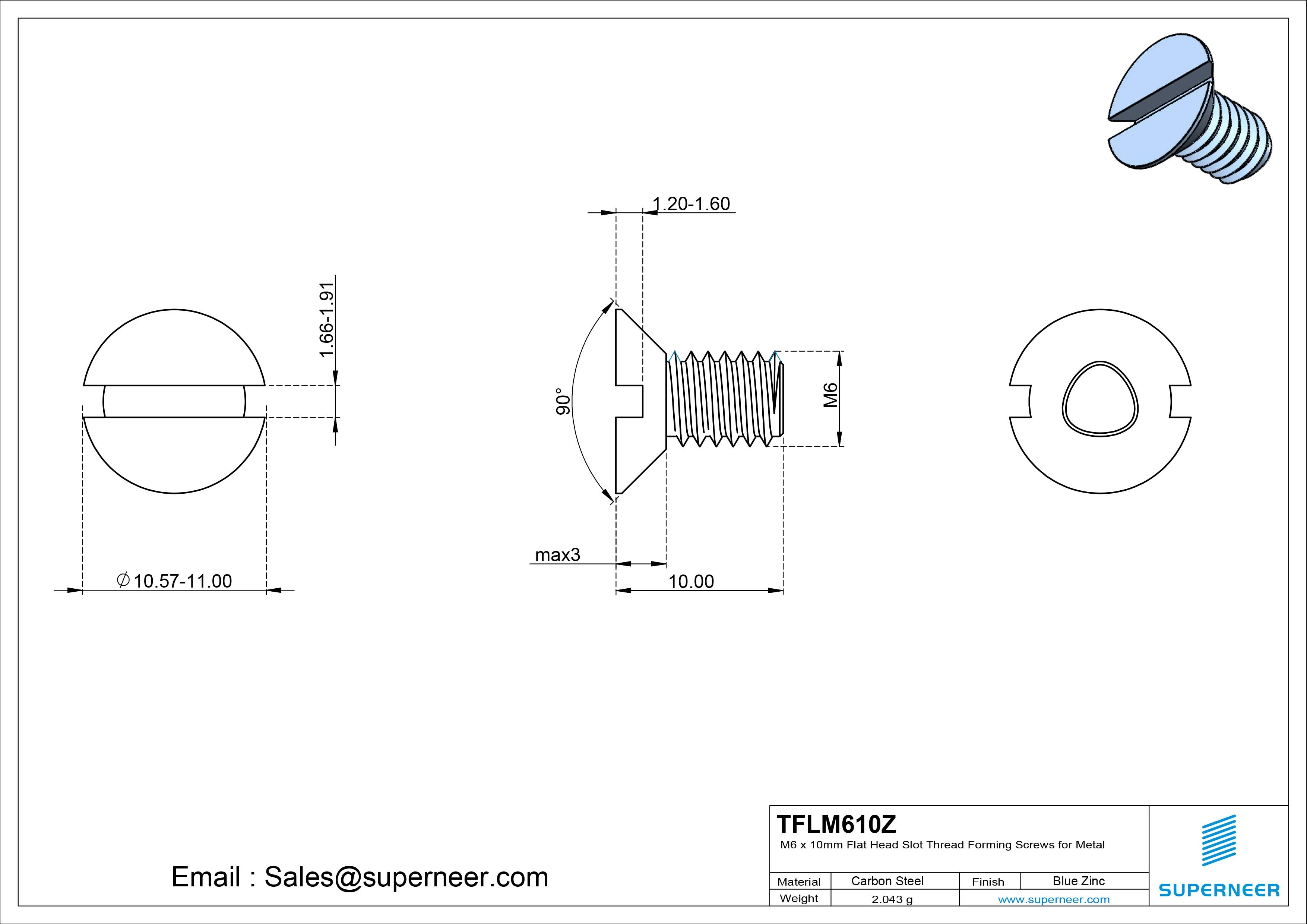 M6 &times; 10mm Flat Head Slot Thread Forming Screws for Metal Steel Blue Zinc Plated