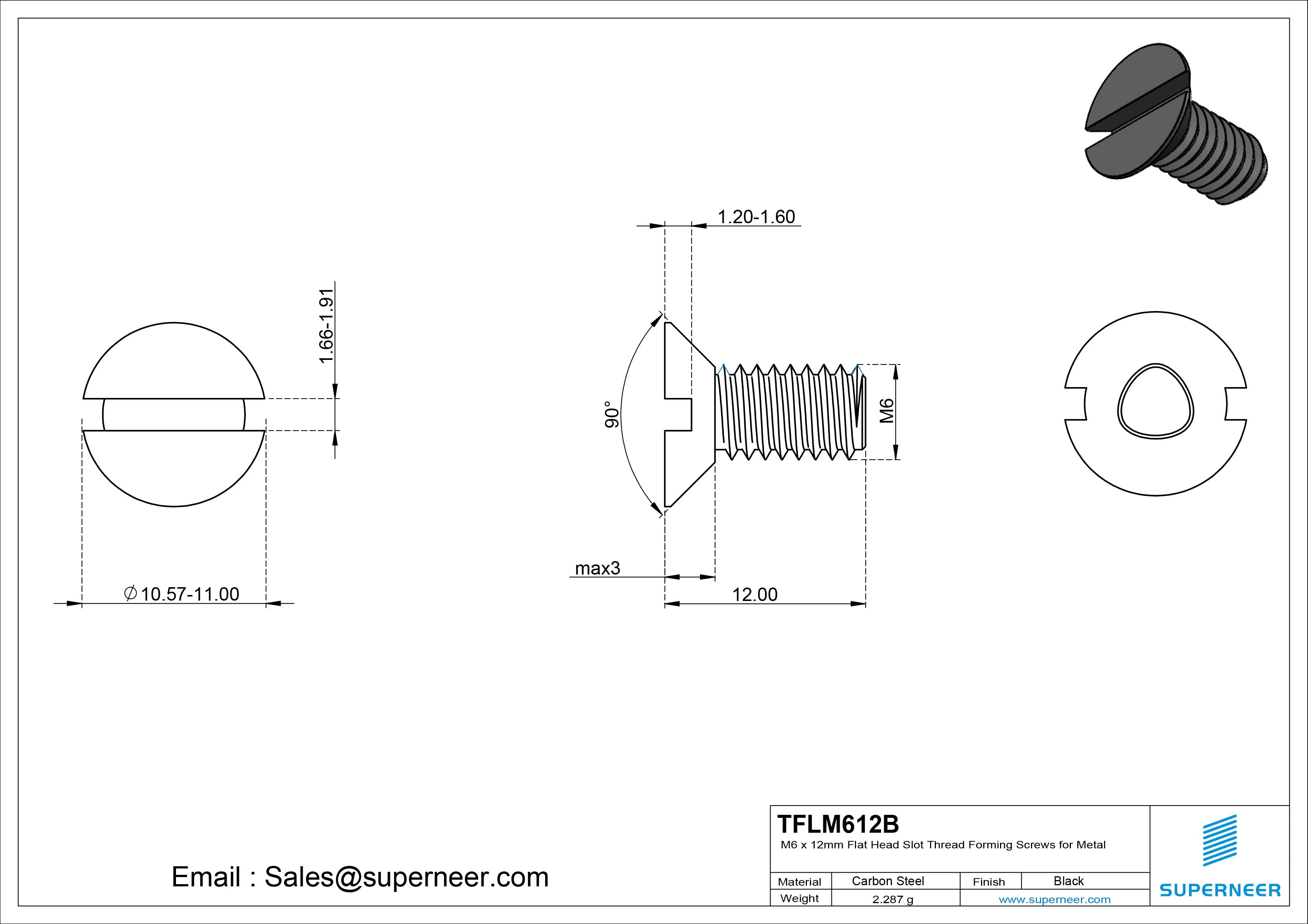 M6 &times; 12mm Flat Head Slot Thread Forming Screws for Metal Steel Black