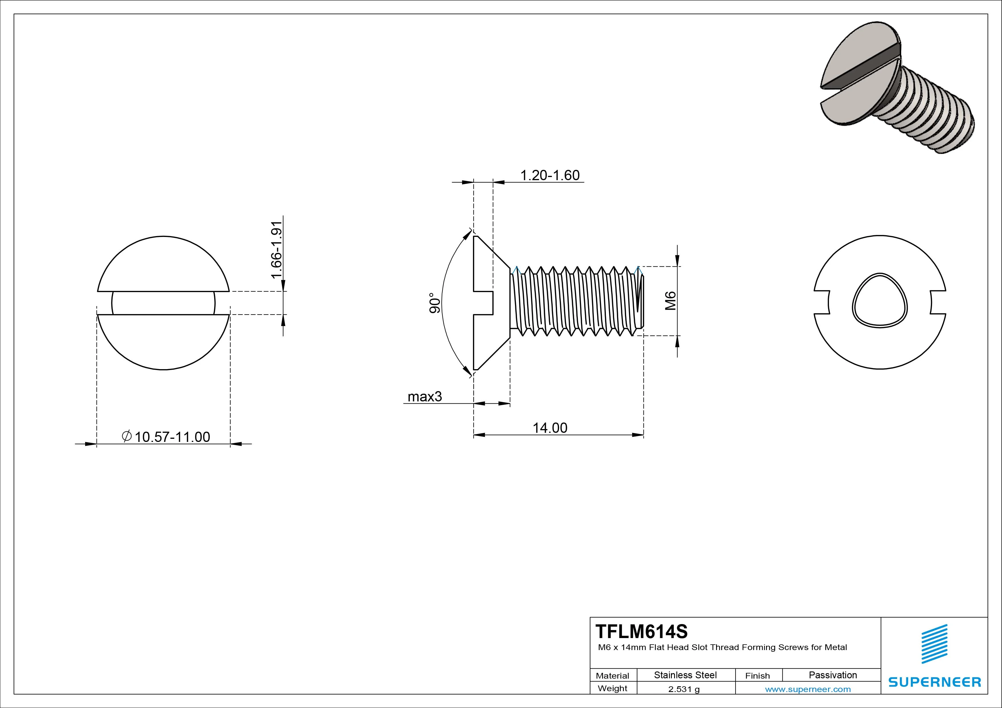 M6 &times; 14mm Flat Head Slot Thread Forming Screws for Metal SUS304 Stainless Steel Inox