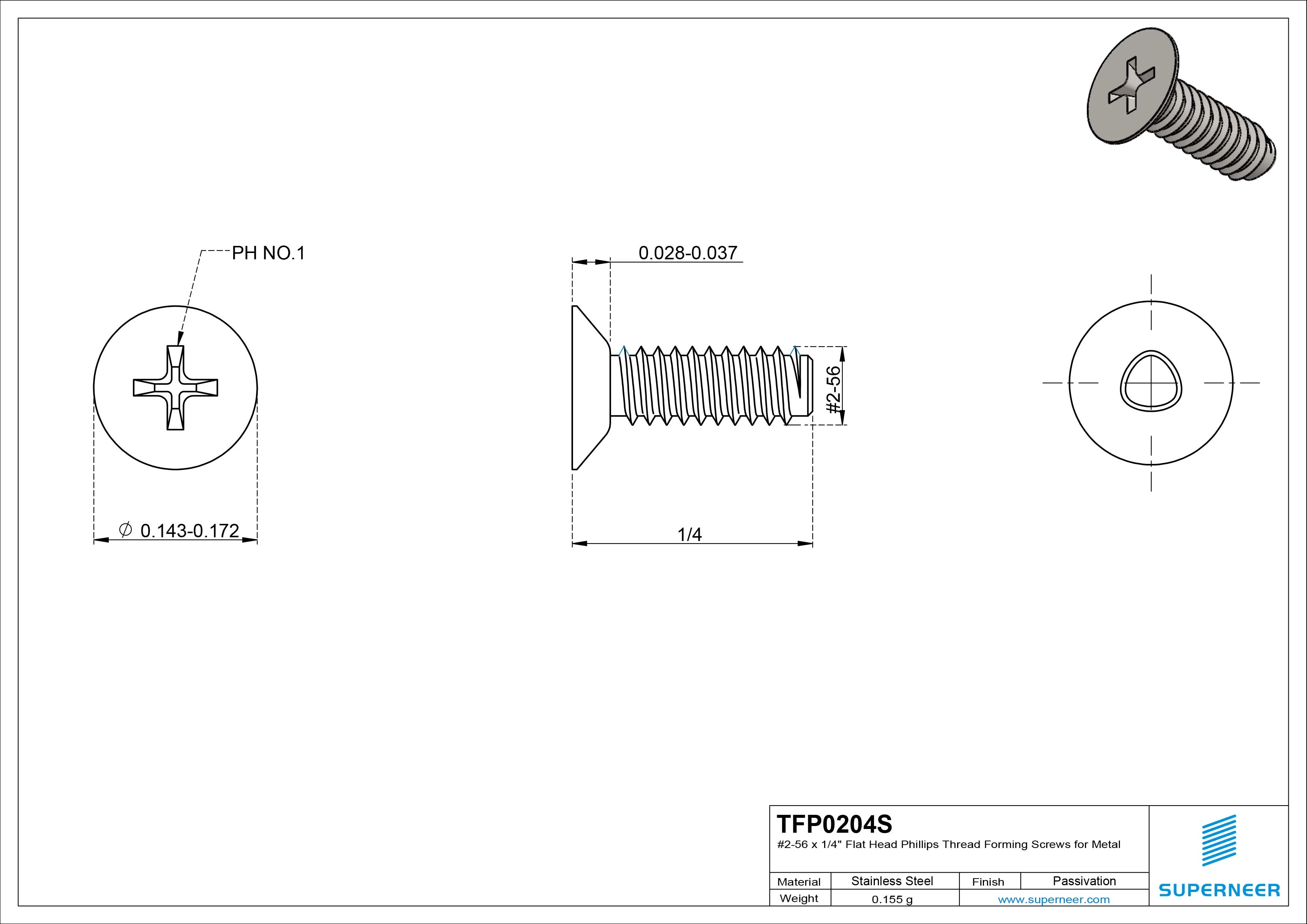 2-56 &times; 1/4 Flat Head Phillips Thread Forming  Screws for Metal  SUS304 Stainless Steel Inox