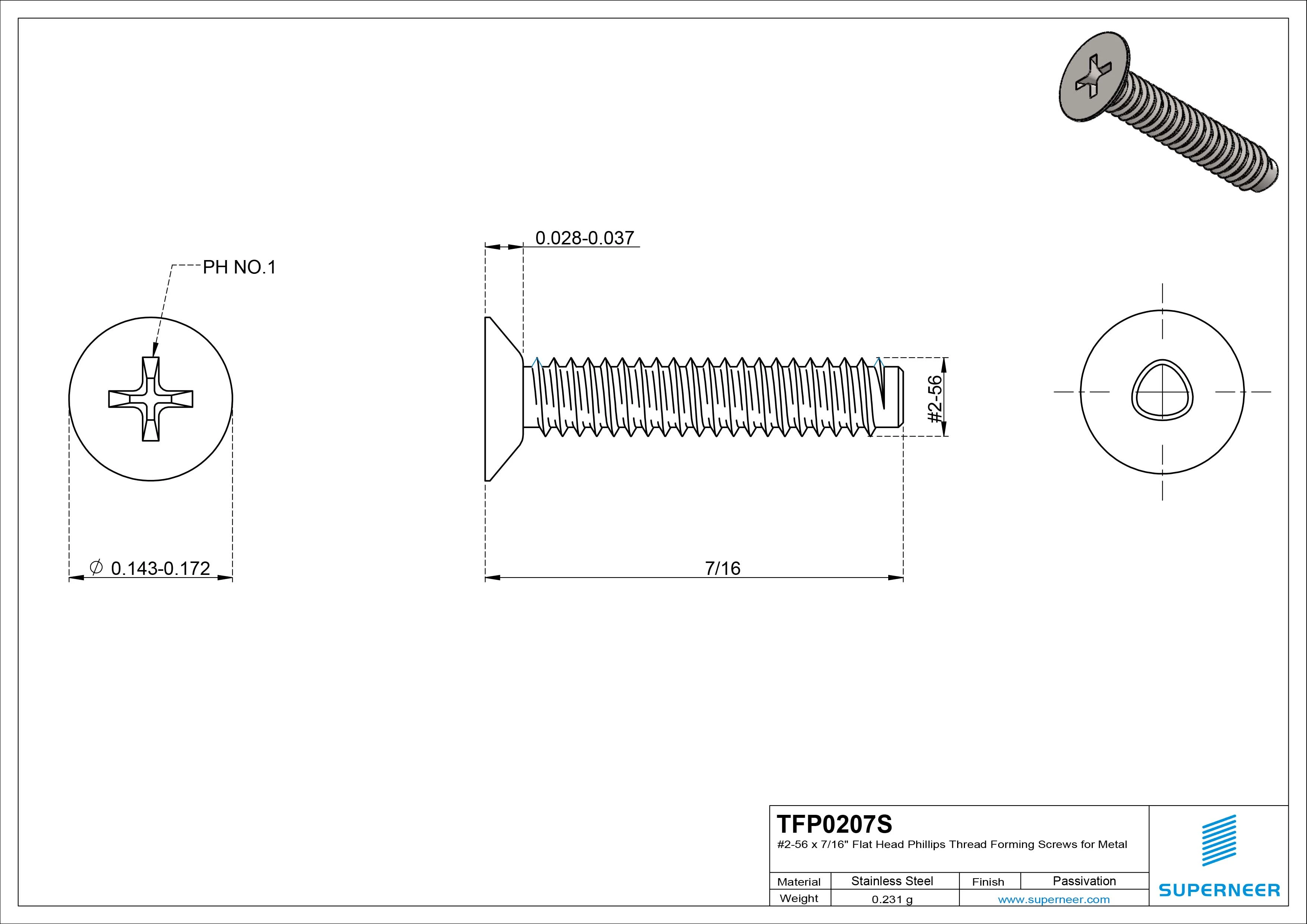 2-56 &times; 7/16 Flat Head Phillips Thread Forming  Screws for Metal  SUS304 Stainless Steel Inox