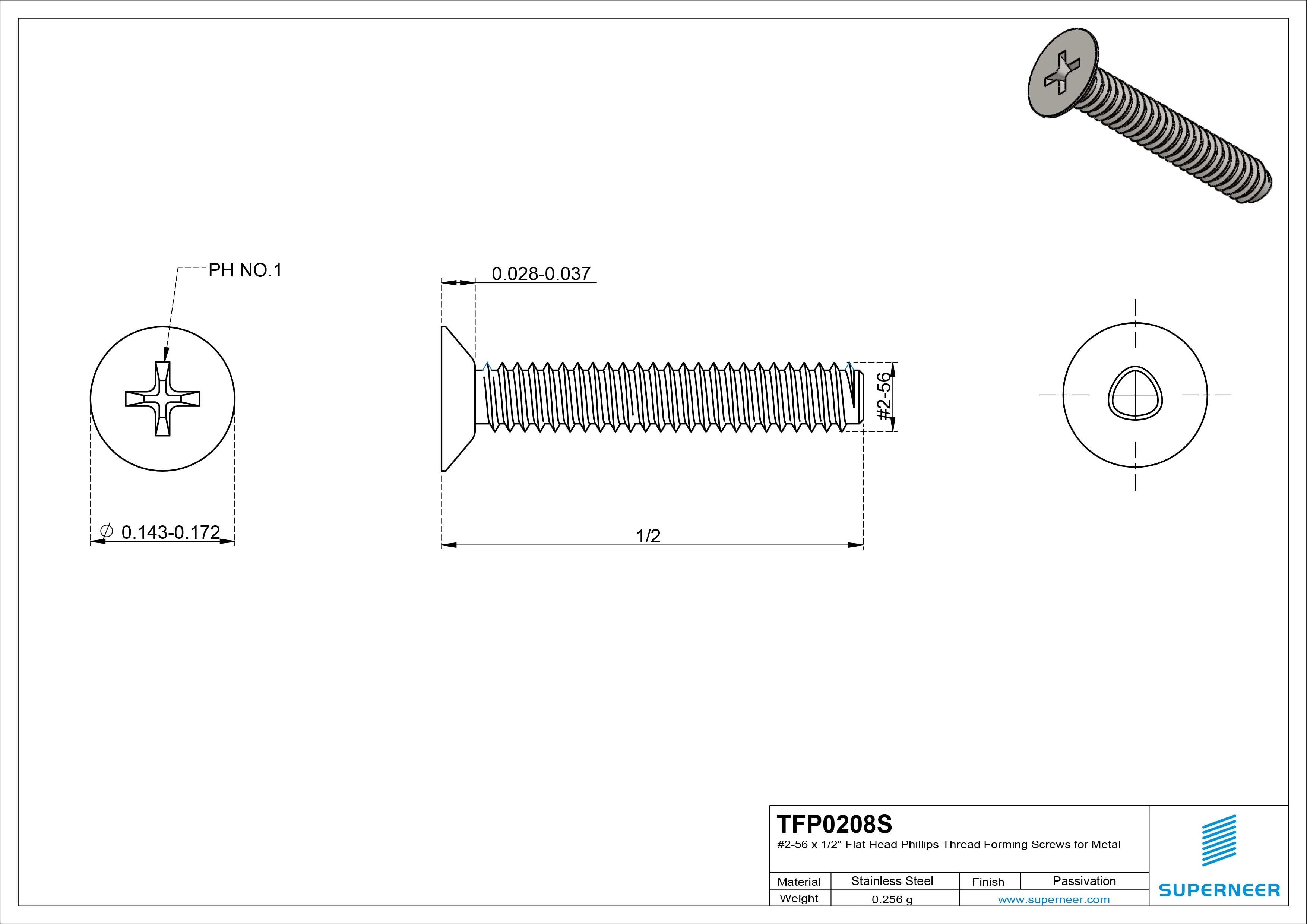 2-56 &times; 1/2 Flat Head Phillips Thread Forming  Screws for Metal  SUS304 Stainless Steel Inox