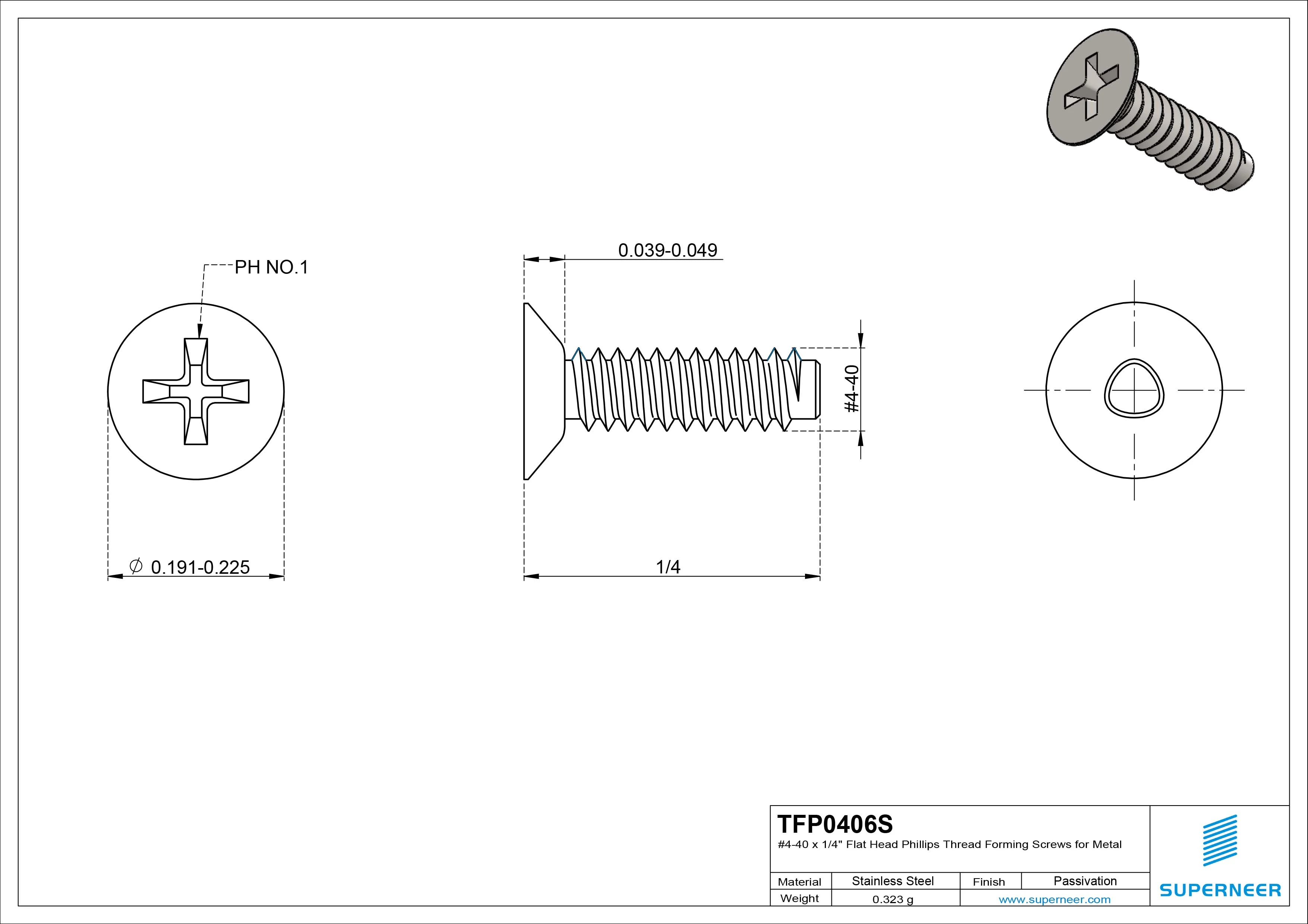 4-40 &times; 3/8 Flat Head Phillips Thread Forming  Screws for Metal  SUS304 Stainless Steel Inox