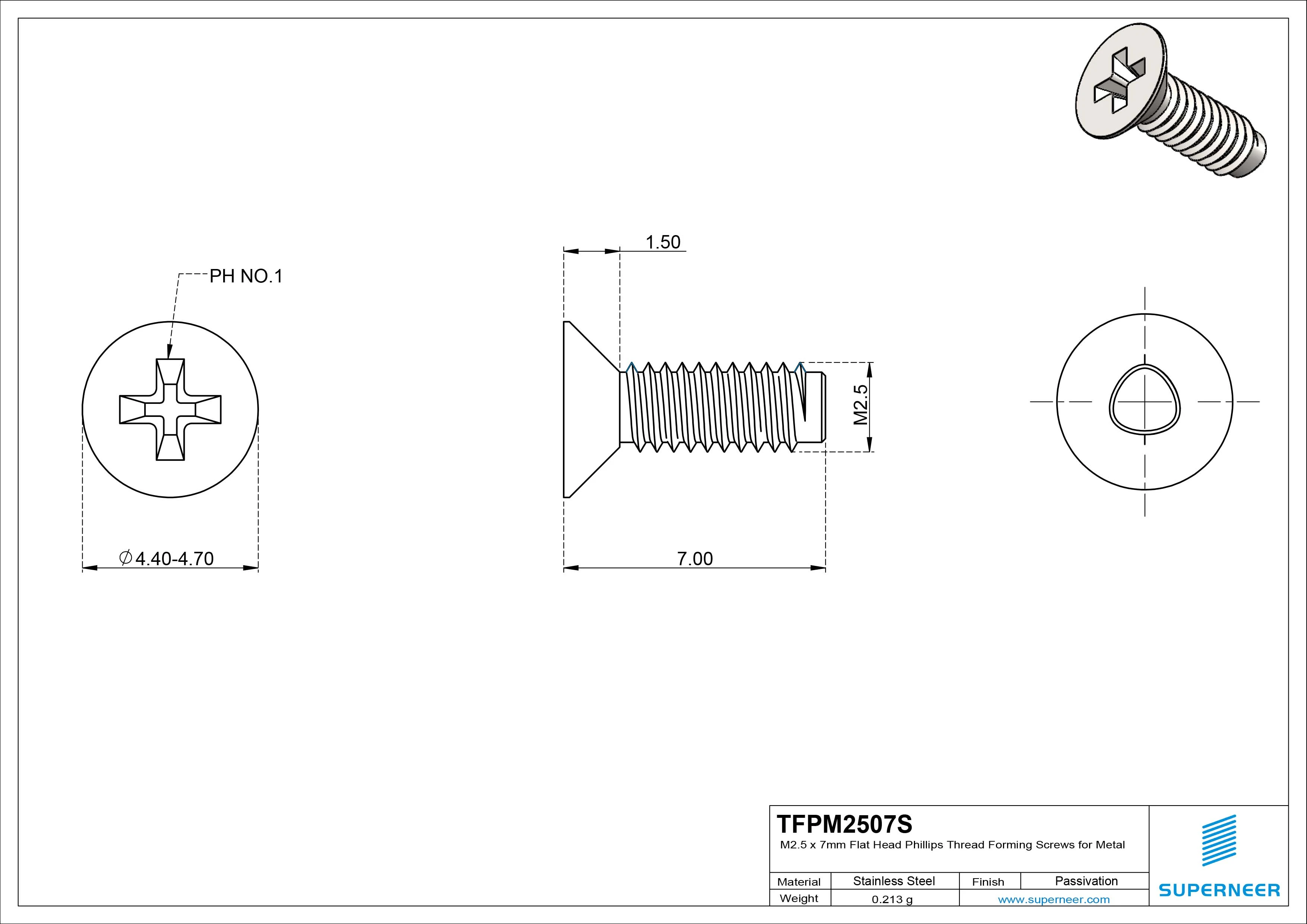 M2.5 &times; 7mm Flat Head Phillips Thread Forming Screws for Metal SUS304 Stainless Steel Inox