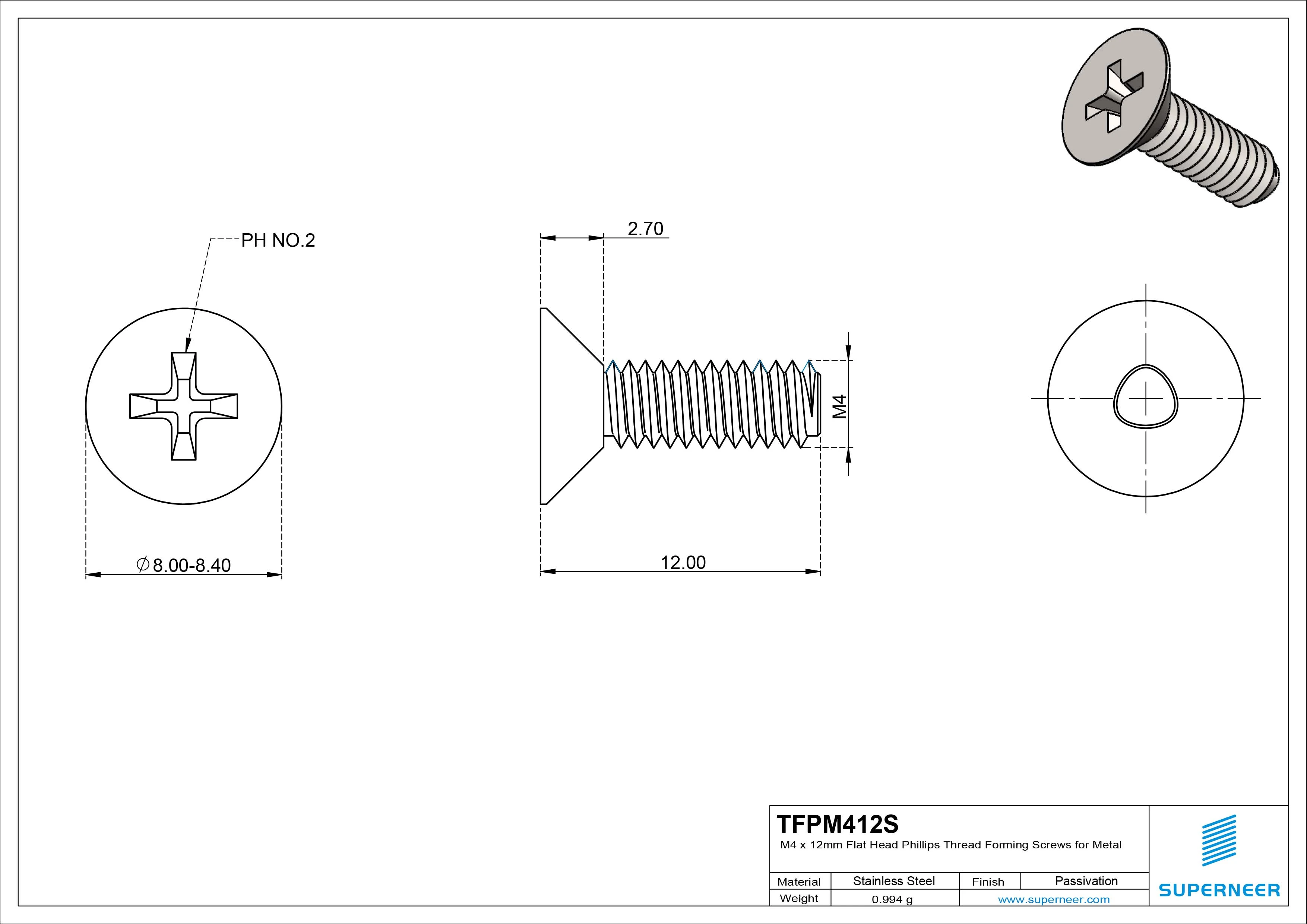 M4 &times; 12mm Flat Head Phillips Thread Forming Screws for Metal SUS304 Stainless Steel Inox