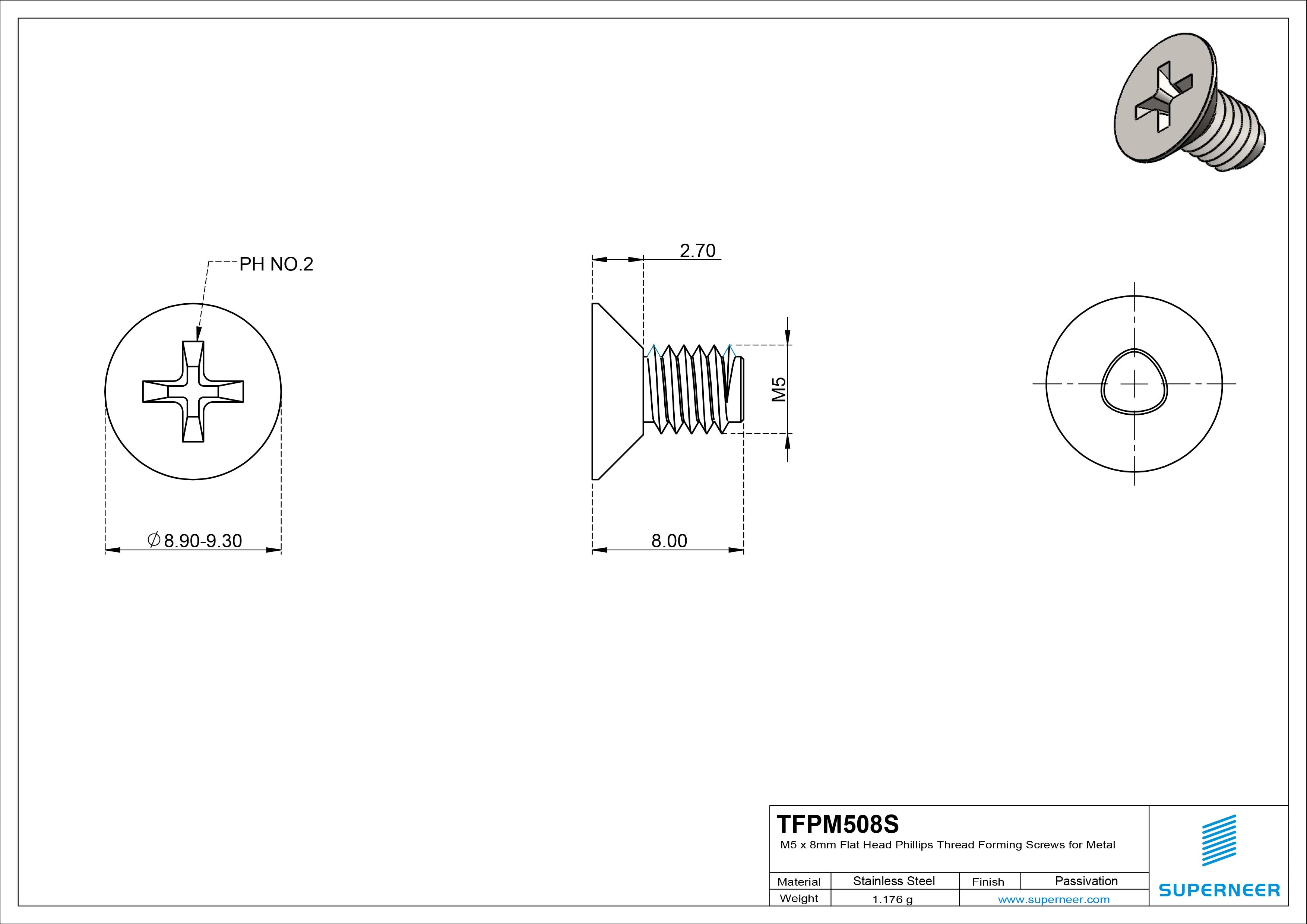 M5 &times; 8mm Flat Head Phillips Thread Forming Screws for Metal SUS304 Stainless Steel Inox