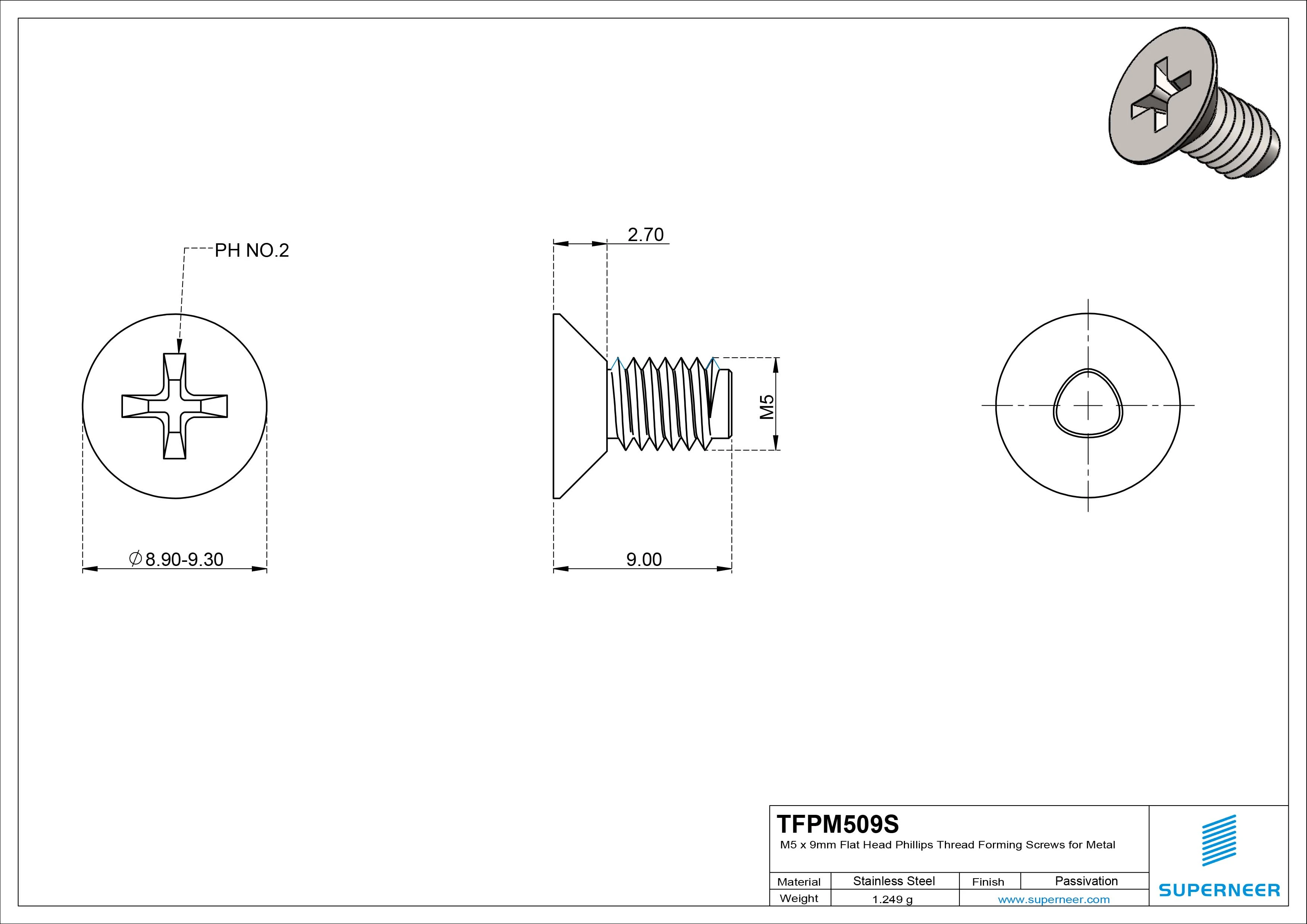 M5 &times; 9mm Flat Head Phillips Thread Forming Screws for Metal SUS304 Stainless Steel Inox