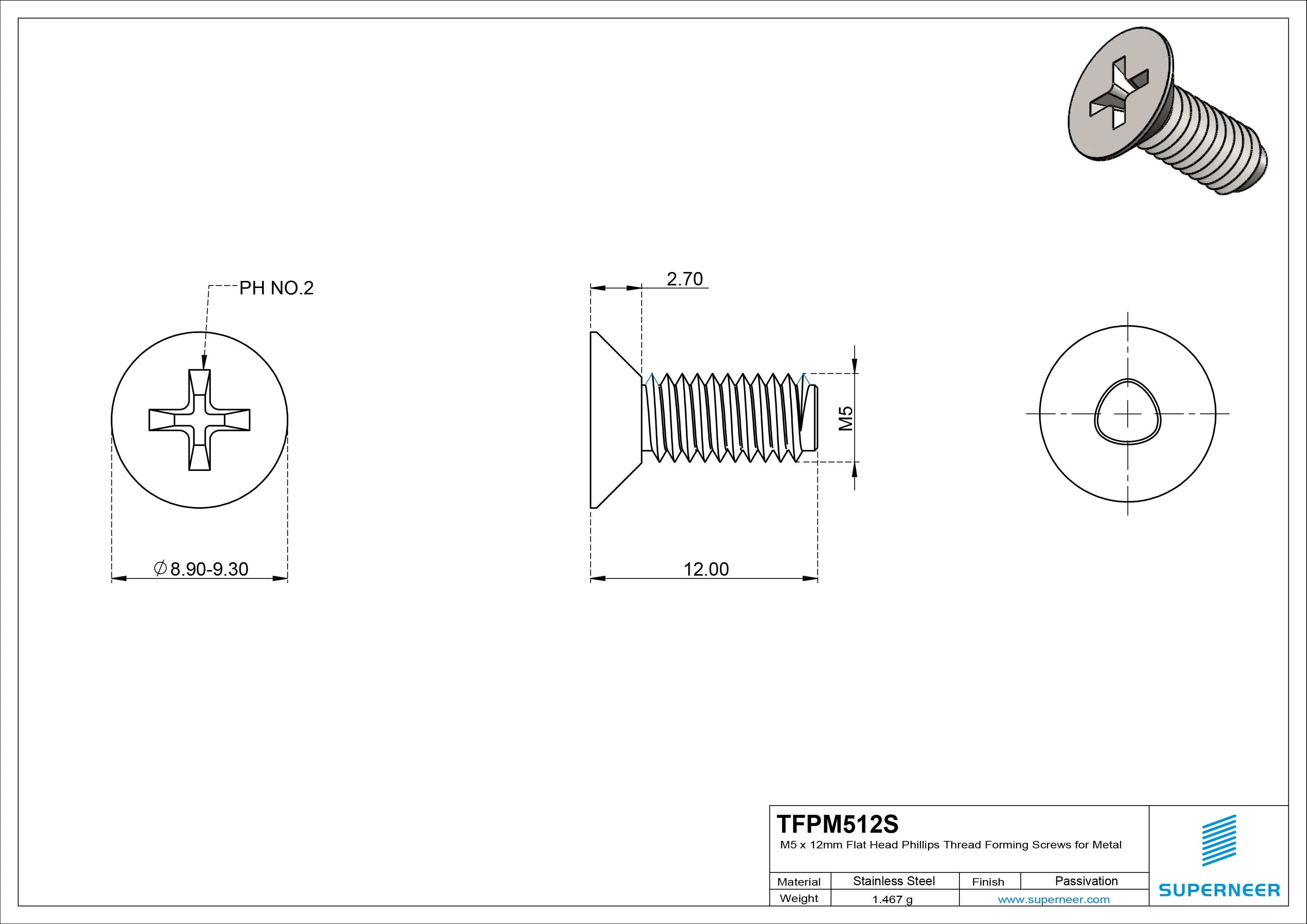 M5 &times; 12mm Flat Head Phillips Thread Forming Screws for Metal SUS304 Stainless Steel Inox