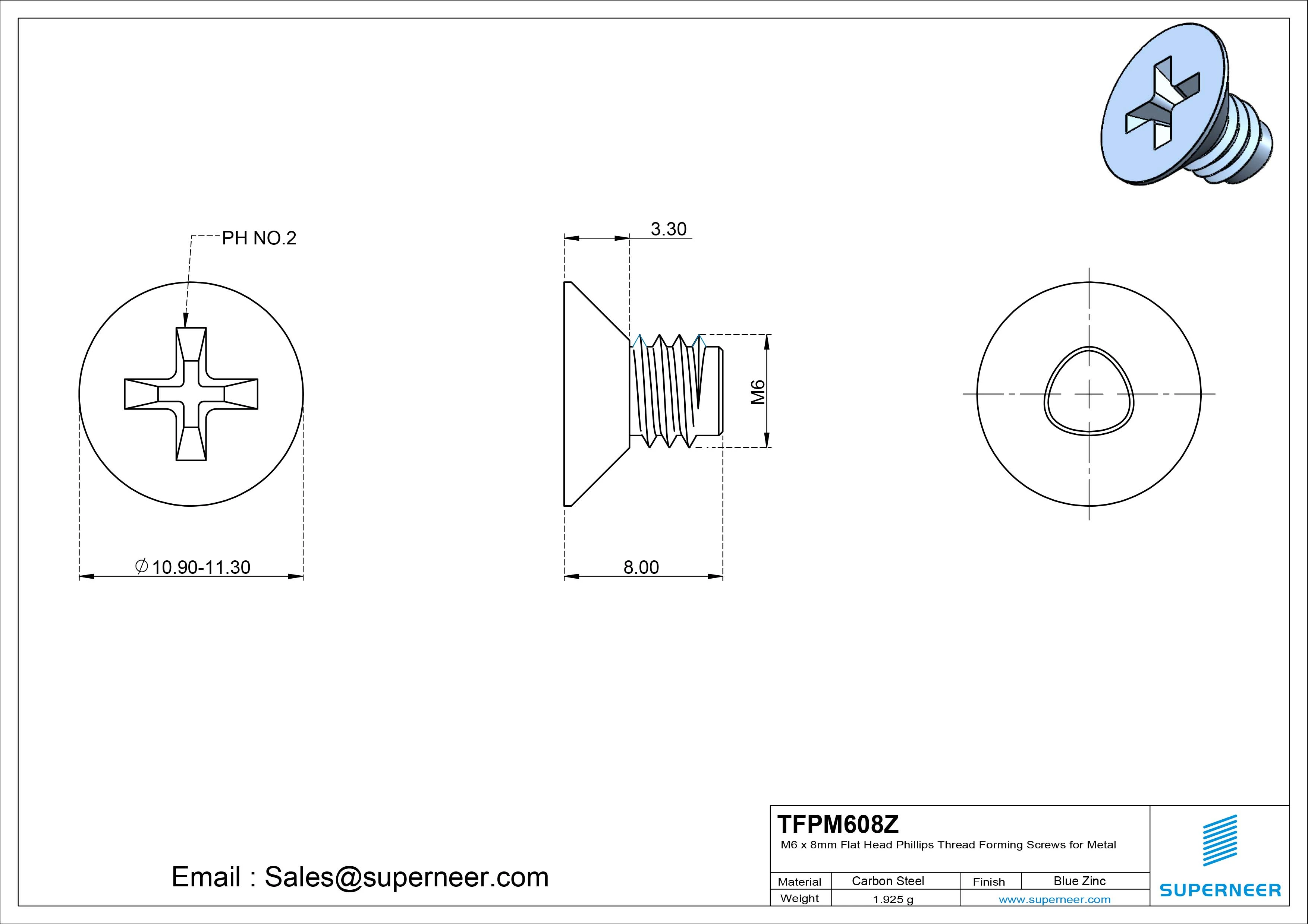 M6 &times; 8mm Flat Head Phillips Thread Forming Screws for Metal Steel Blue Zinc Plated