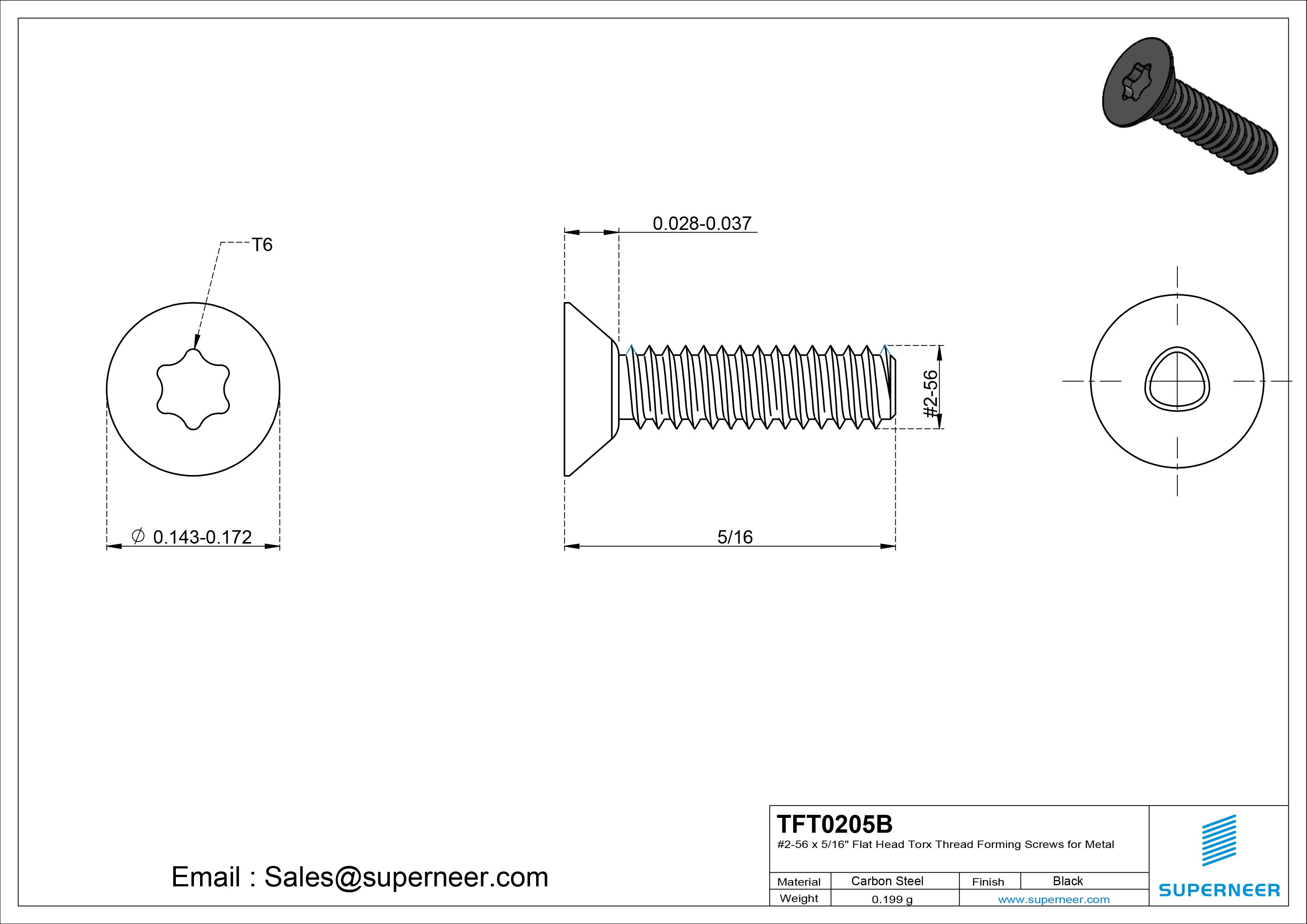 2-56 &times; 5/16 Flat Head Torx Thread Forming  Screws for Metal  Steel Black