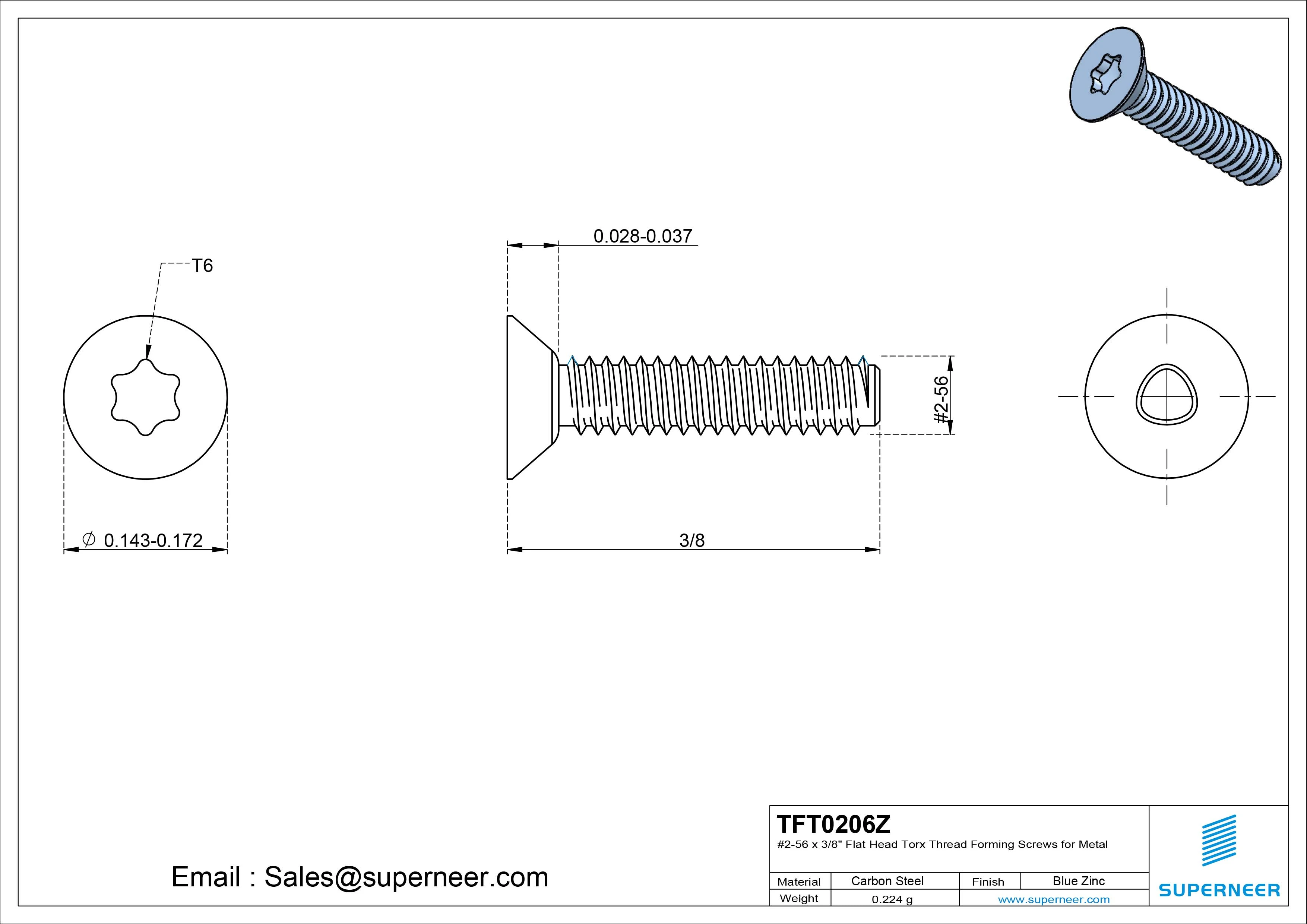 2-56 &times; 3/8 Flat Head Torx Thread Forming  Screws for Metal  Steel Blue Zinc Plated