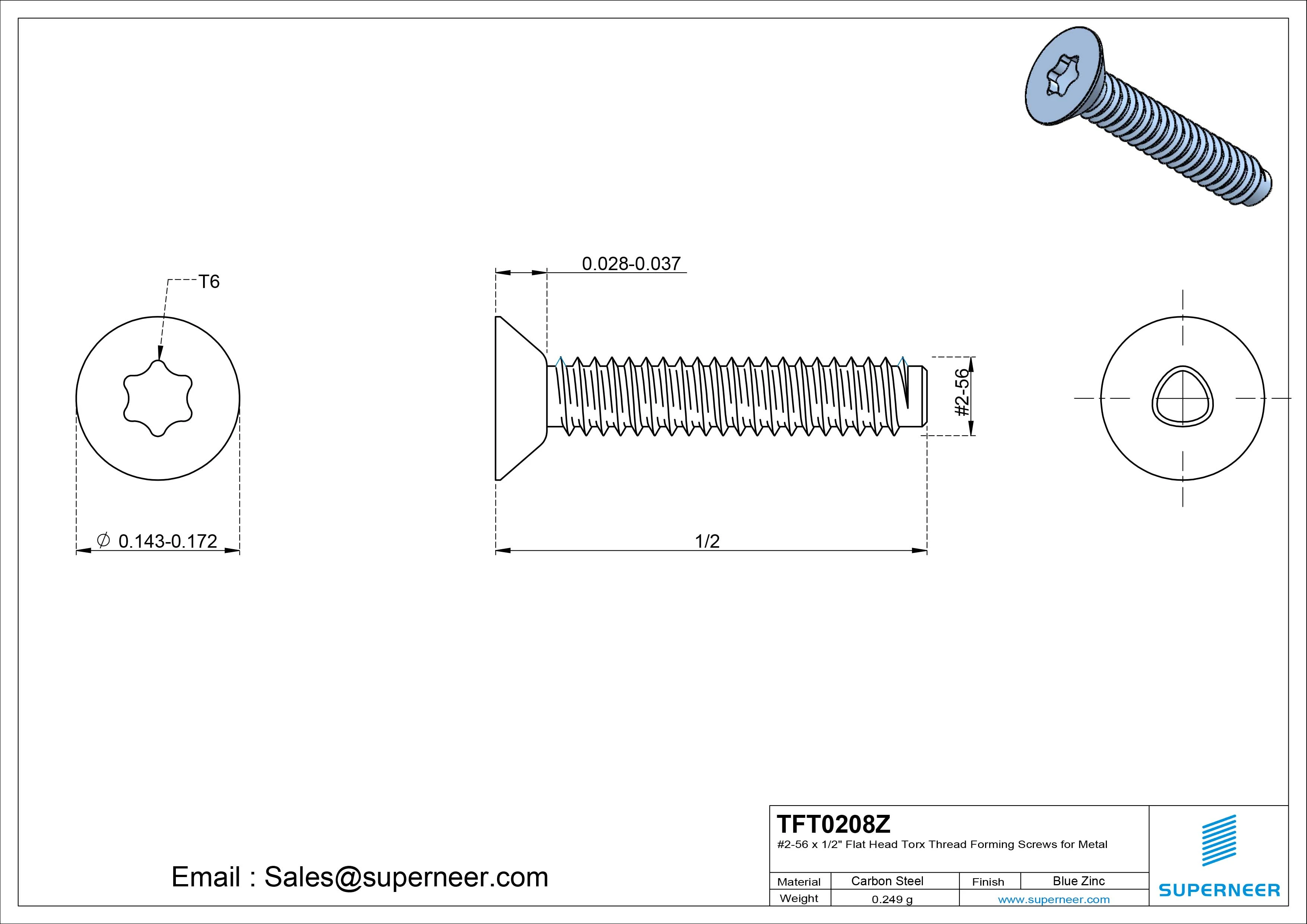 2-56 &times; 1/2 Flat Head Torx Thread Forming  Screws for Metal  Steel Blue Zinc Plated