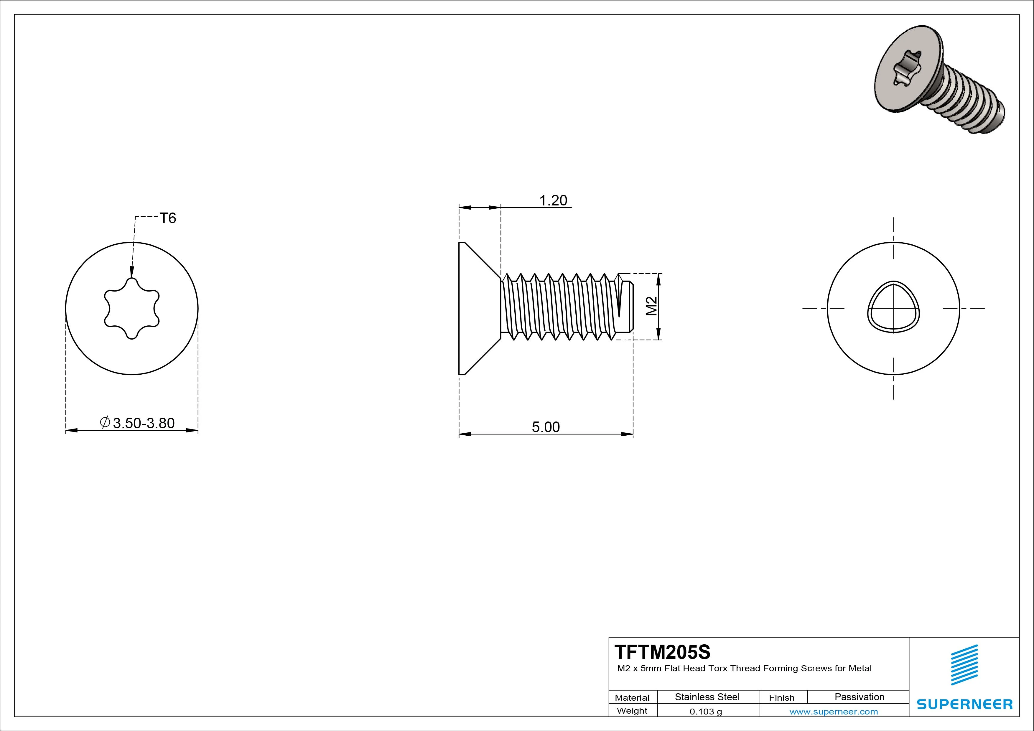 M2 &times; 5mm Flat Head TorxThread Forming Screws for Metal SUS304 Stainless Steel Inox