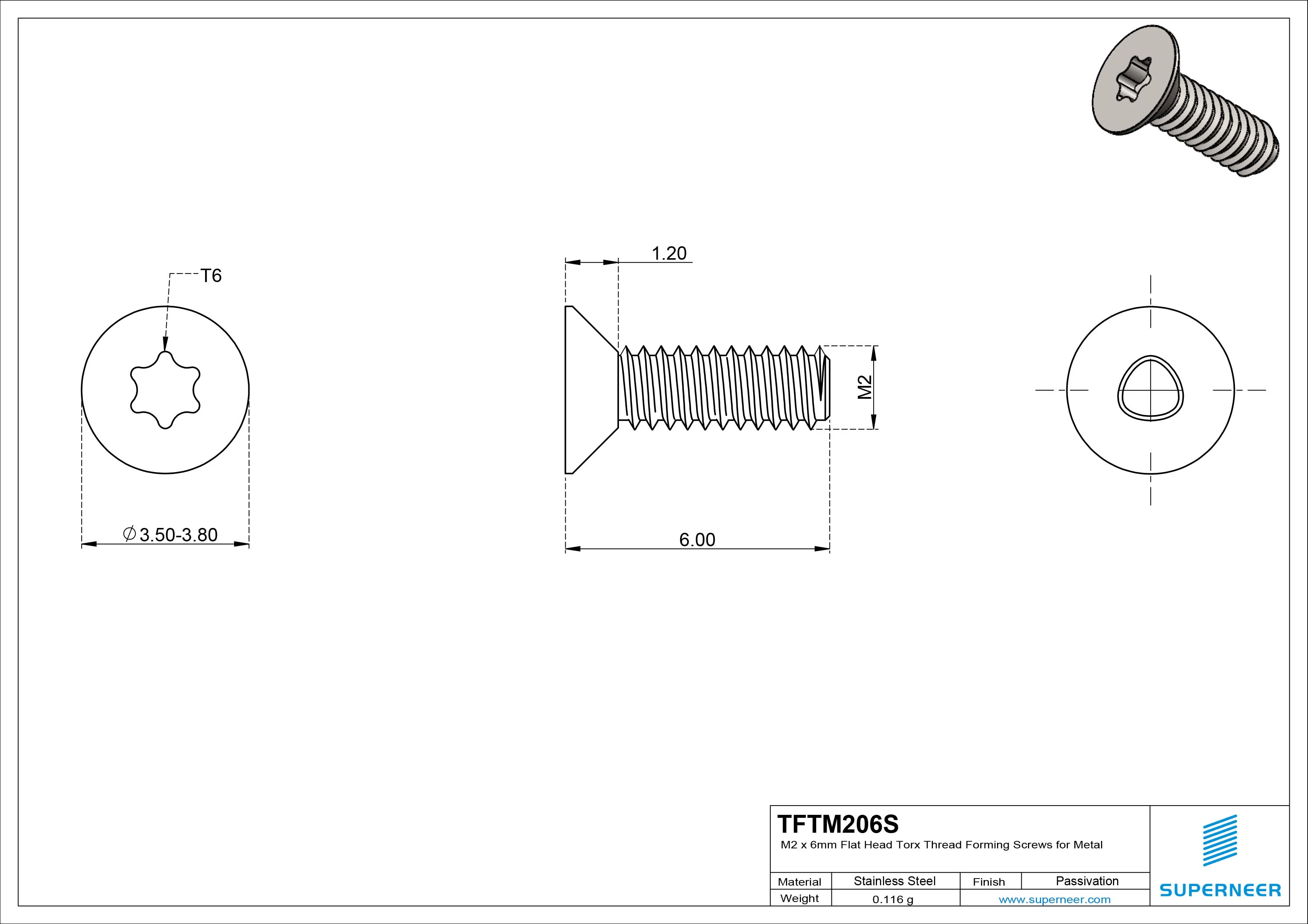 M2 &times; 6mm Flat Head Torx Thread Forming Screws for Metal SUS304 Stainless Steel Inox