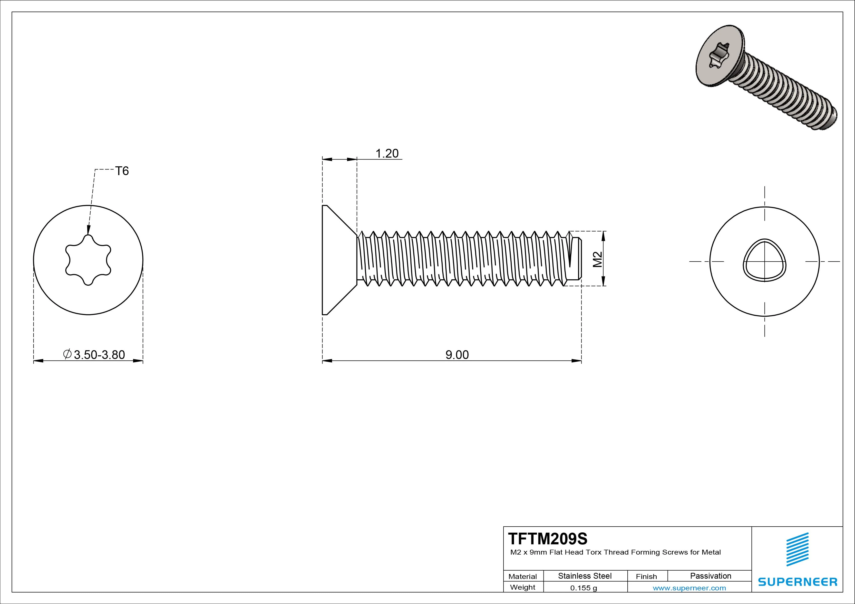 M2 &times; 9mm Flat Head Torx Thread Forming Screws for Metal SUS304 Stainless Steel Inox
