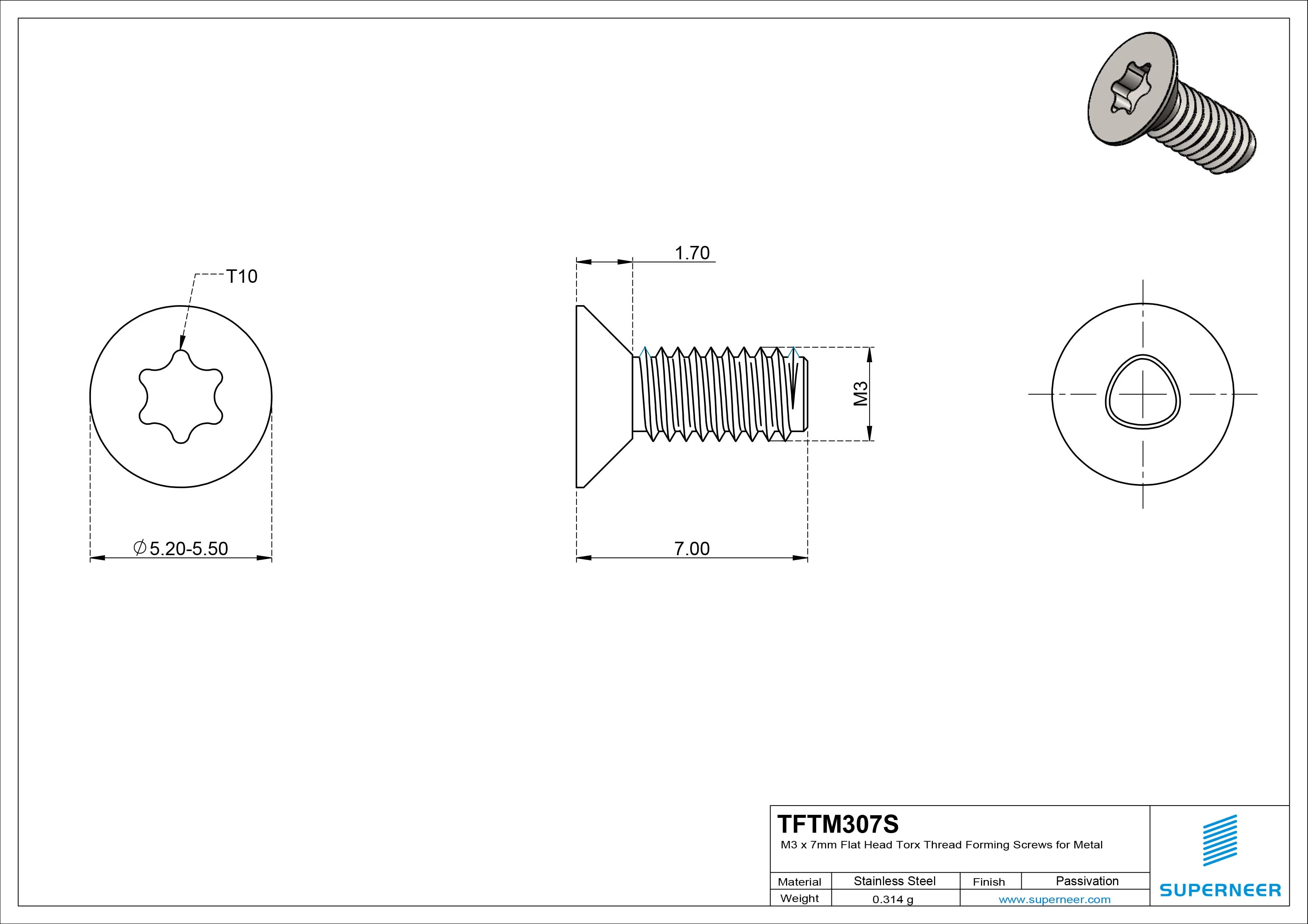 M3 &times; 7mm Flat Head Torx Thread Forming Screws for Metal SUS304 Stainless Steel Inox
