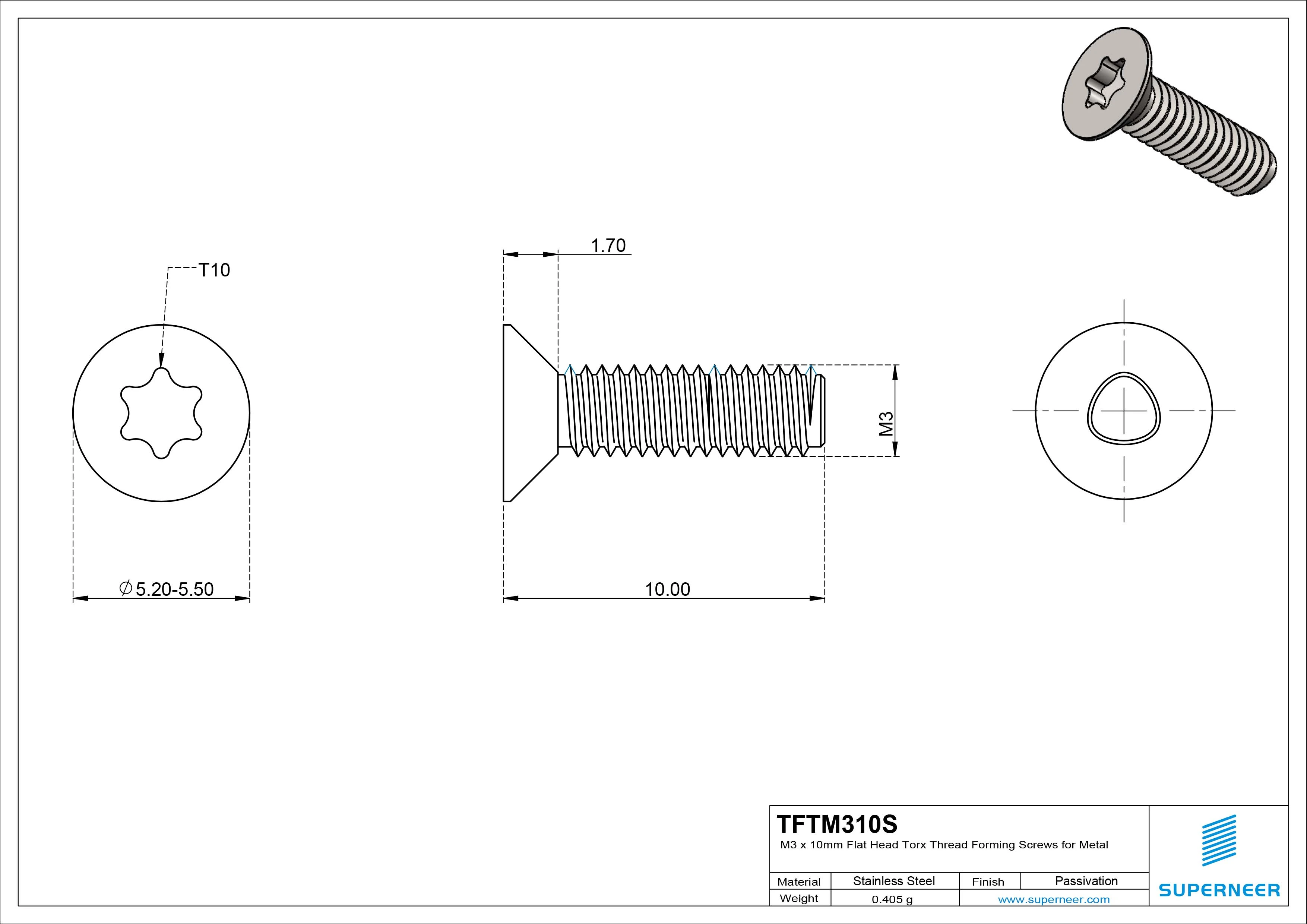 M3 &times; 10mm Flat Head Torx Thread Forming Screws for Metal SUS304 Stainless Steel Inox