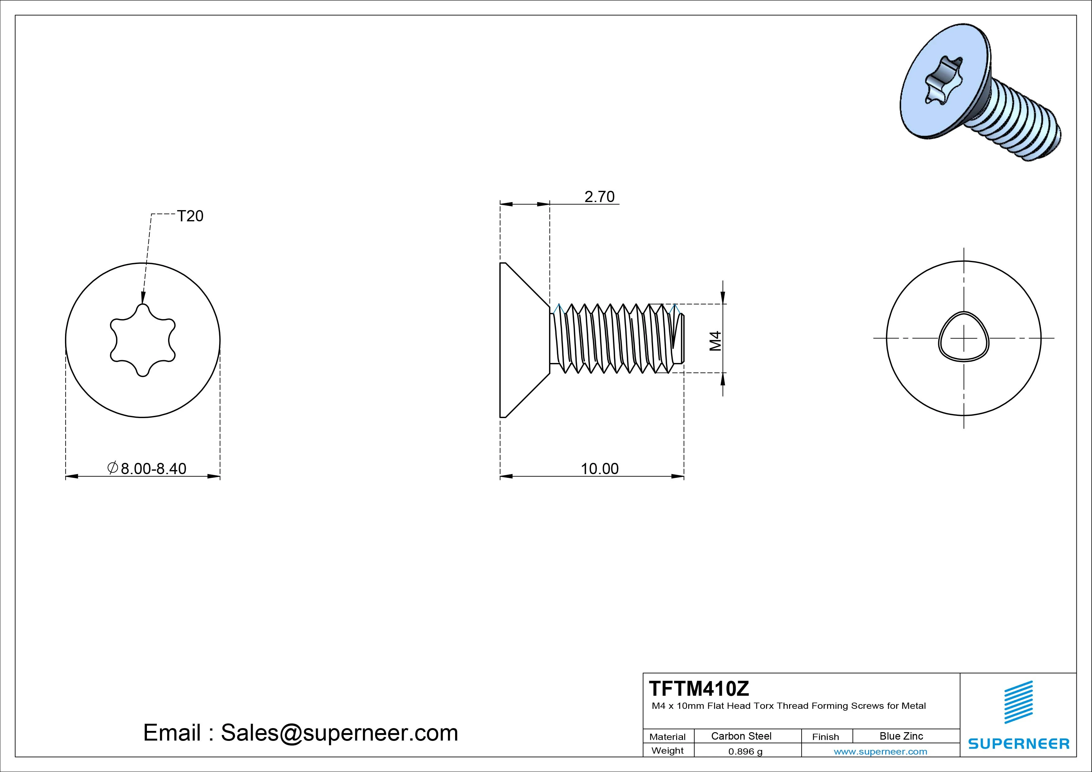 M4 &times; 10mm Flat Head Torx Thread Forming Screws for Metal Steel Blue Zinc Plated