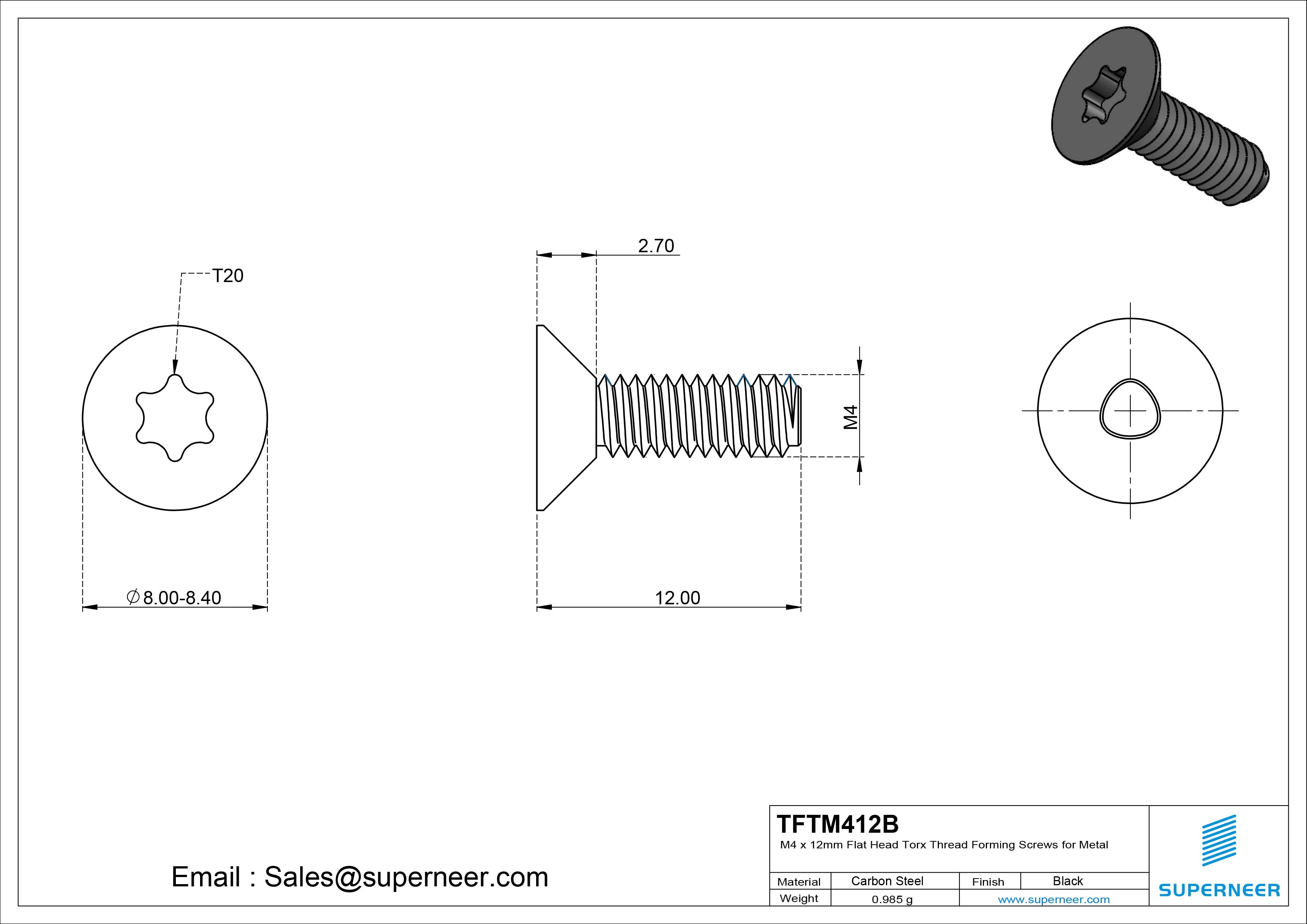 M4 &times; 12mm Flat Head Torx Thread Forming Screws for Metal Steel Black
