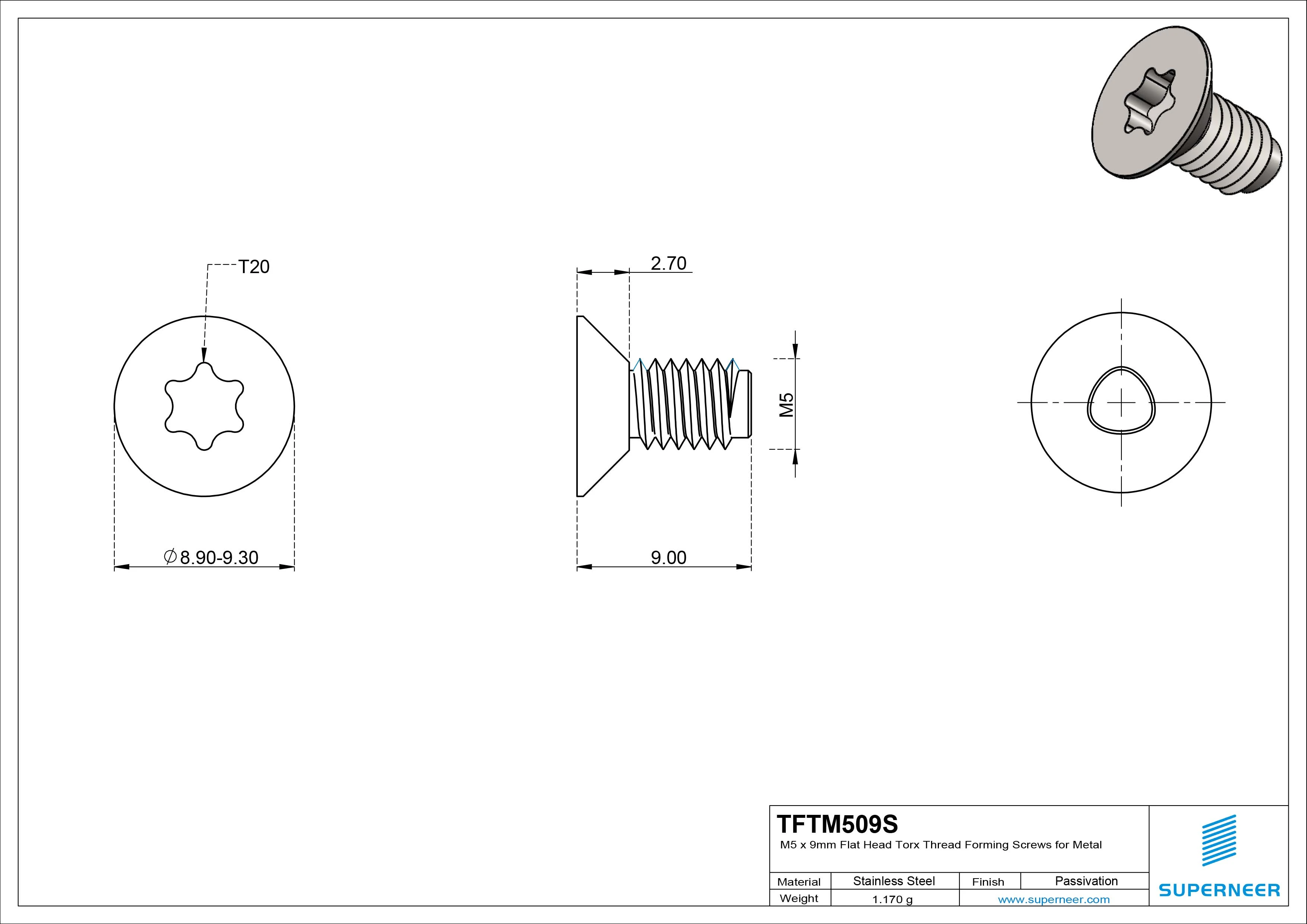 M5 &times; 9mm Flat Head Torx Thread Forming Screws for Metal SUS304 Stainless Steel Inox