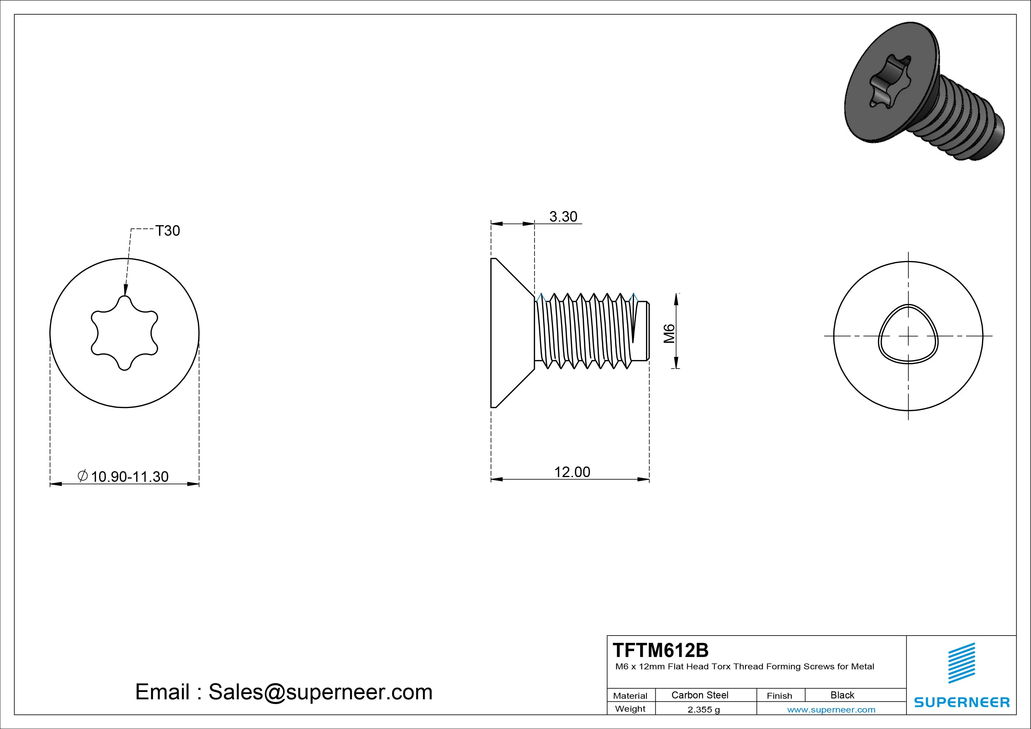 M6 &times; 12mm Flat Head Torx Thread Forming Screws for Metal Steel Black