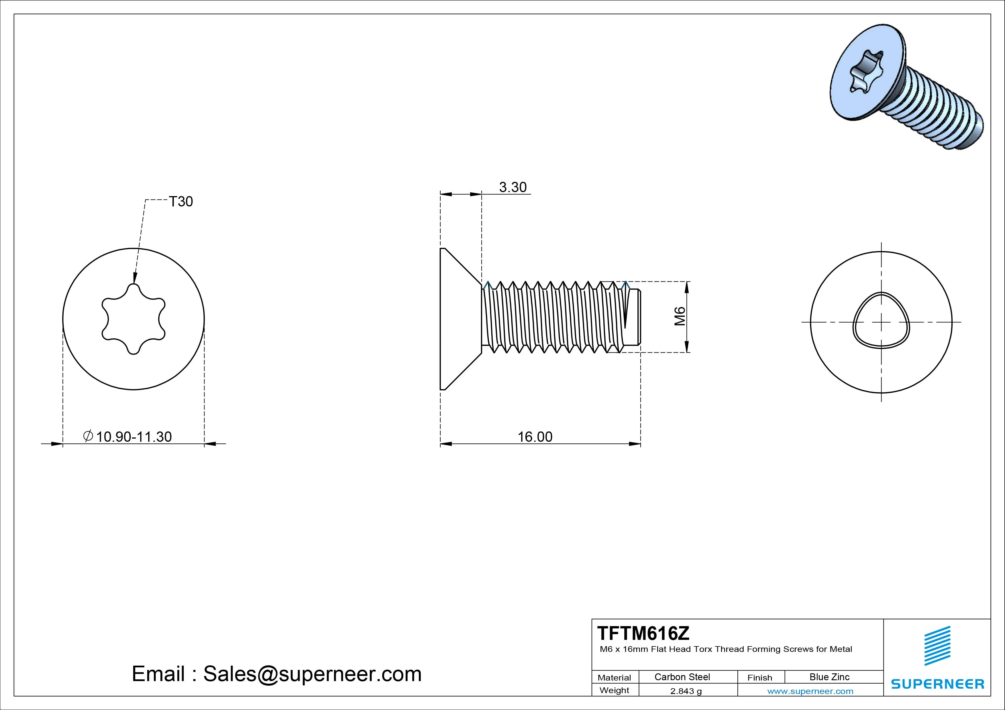 M6 &times; 16mm Flat Head Torx Thread Forming Screws for Metal Steel Blue Zinc Plated