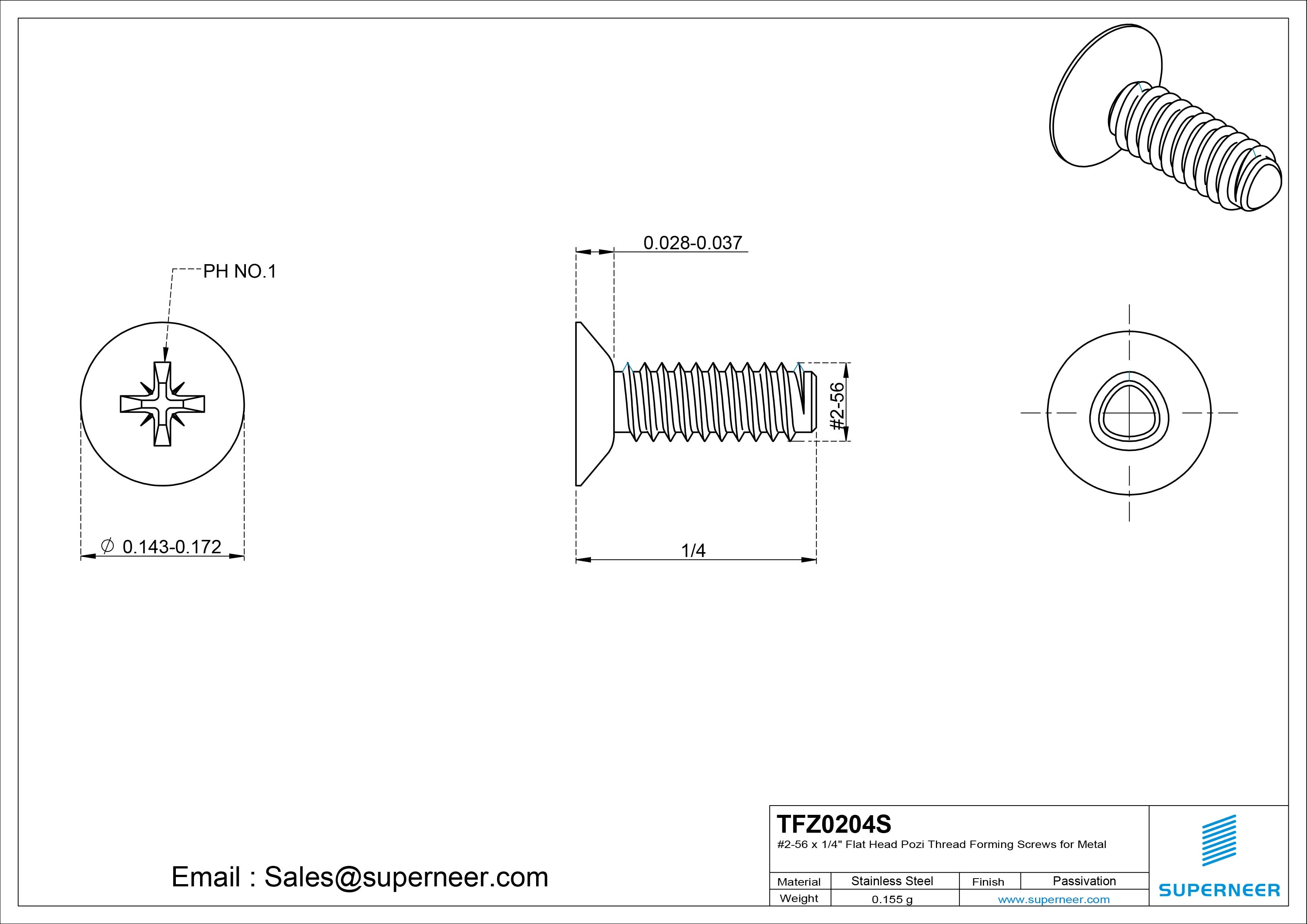 2-56 &times; 1/4 Flat Head Pozi Thread Forming  Screws for Metal  SUS304 Stainless Steel Inox