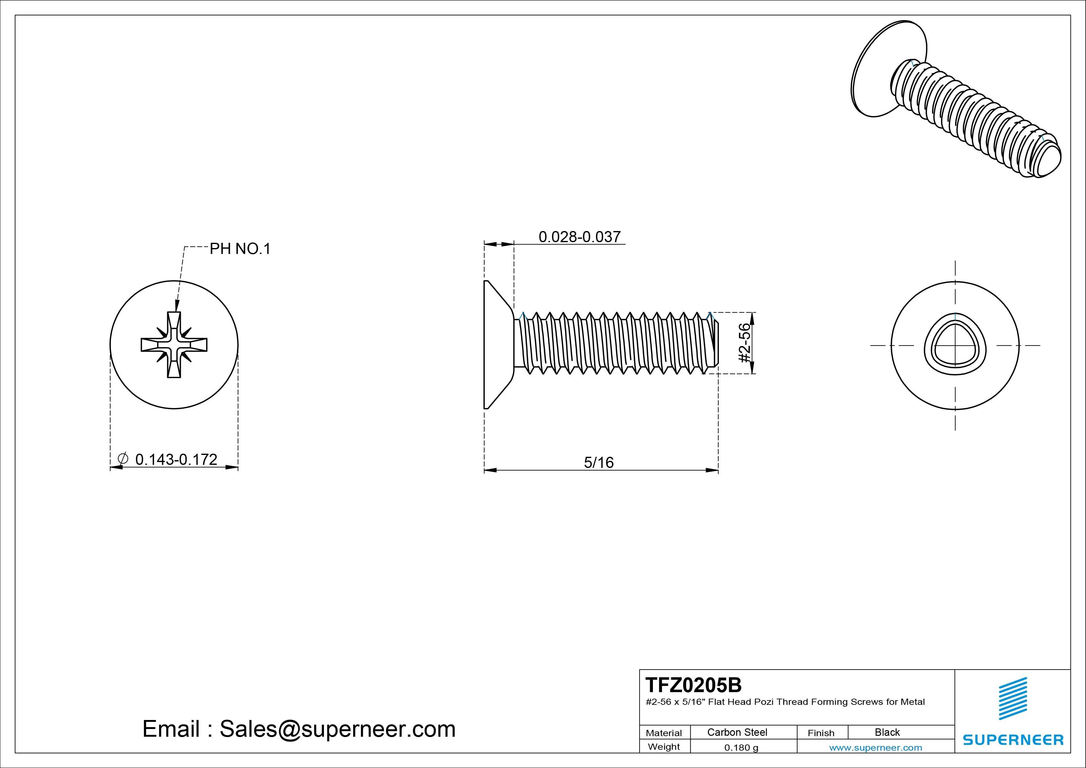 2-56 &times; 5/16 Flat Head Pozi Thread Forming  Screws for Metal  Steel Black