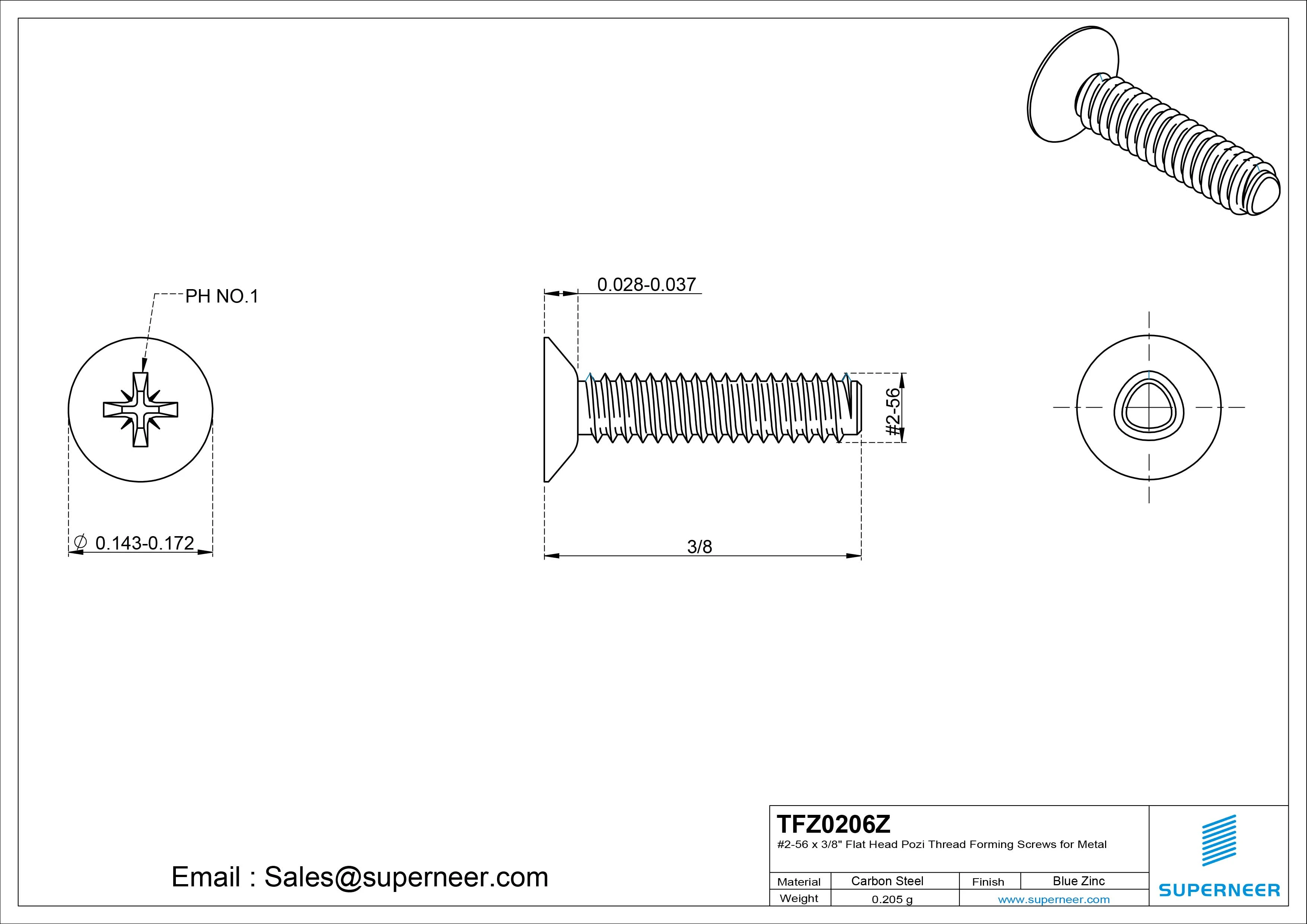 2-56 &times; 3/8 Flat Head Pozi Thread Forming  Screws for Metal  Steel Blue Zinc Plated