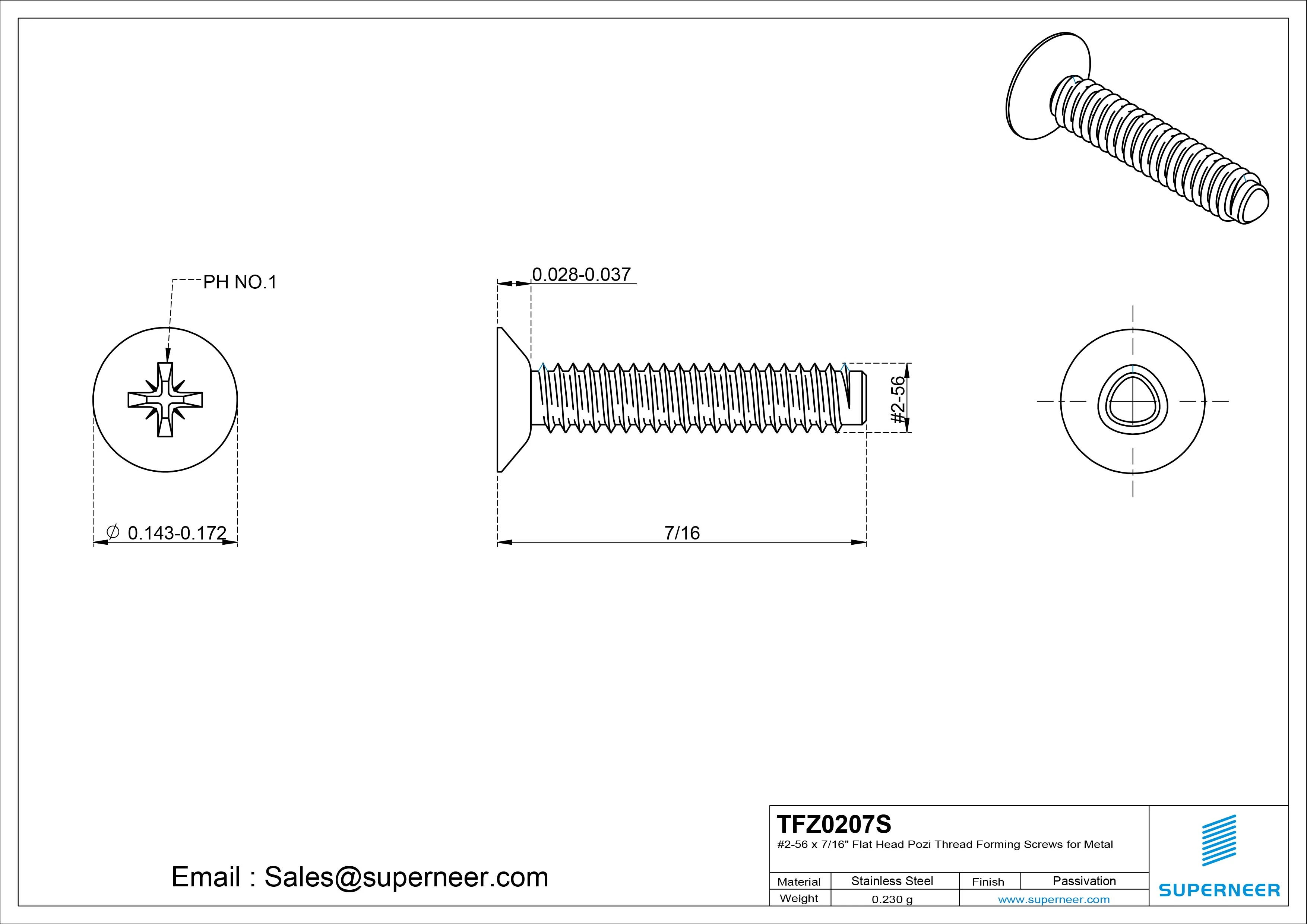 2-56 &times; 7/16 Flat Head Pozi Thread Forming  Screws for Metal  SUS304 Stainless Steel Inox