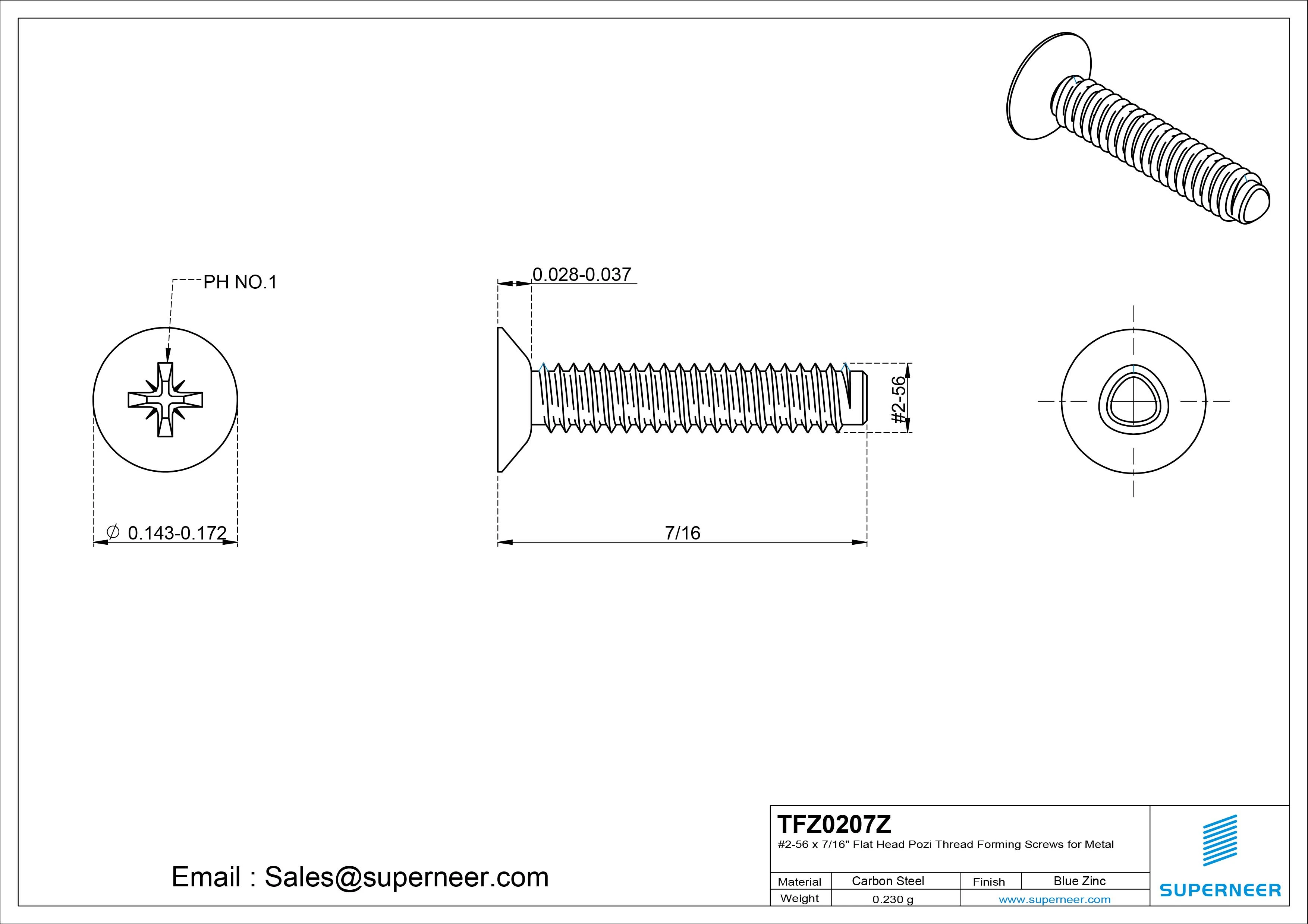 2-56 &times; 7/16 Flat Head Pozi Thread Forming  Screws for Metal  Steel Blue Zinc Plated