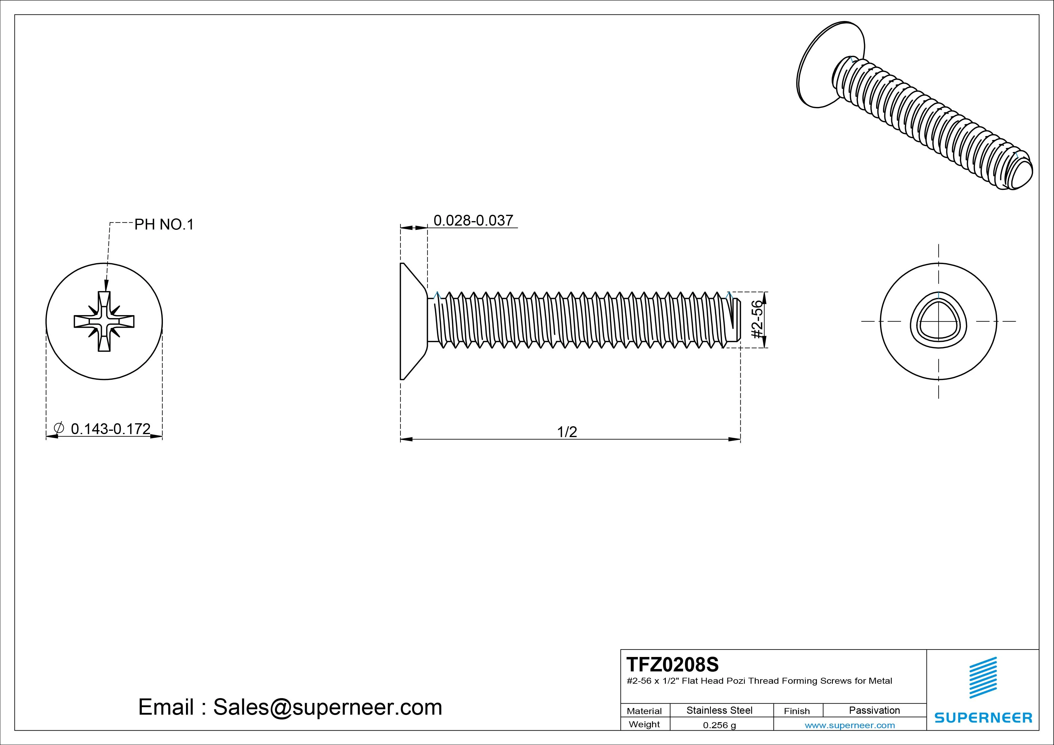 2-56 &times; 1/2 Flat Head Pozi Thread Forming  Screws for Metal  SUS304 Stainless Steel Inox