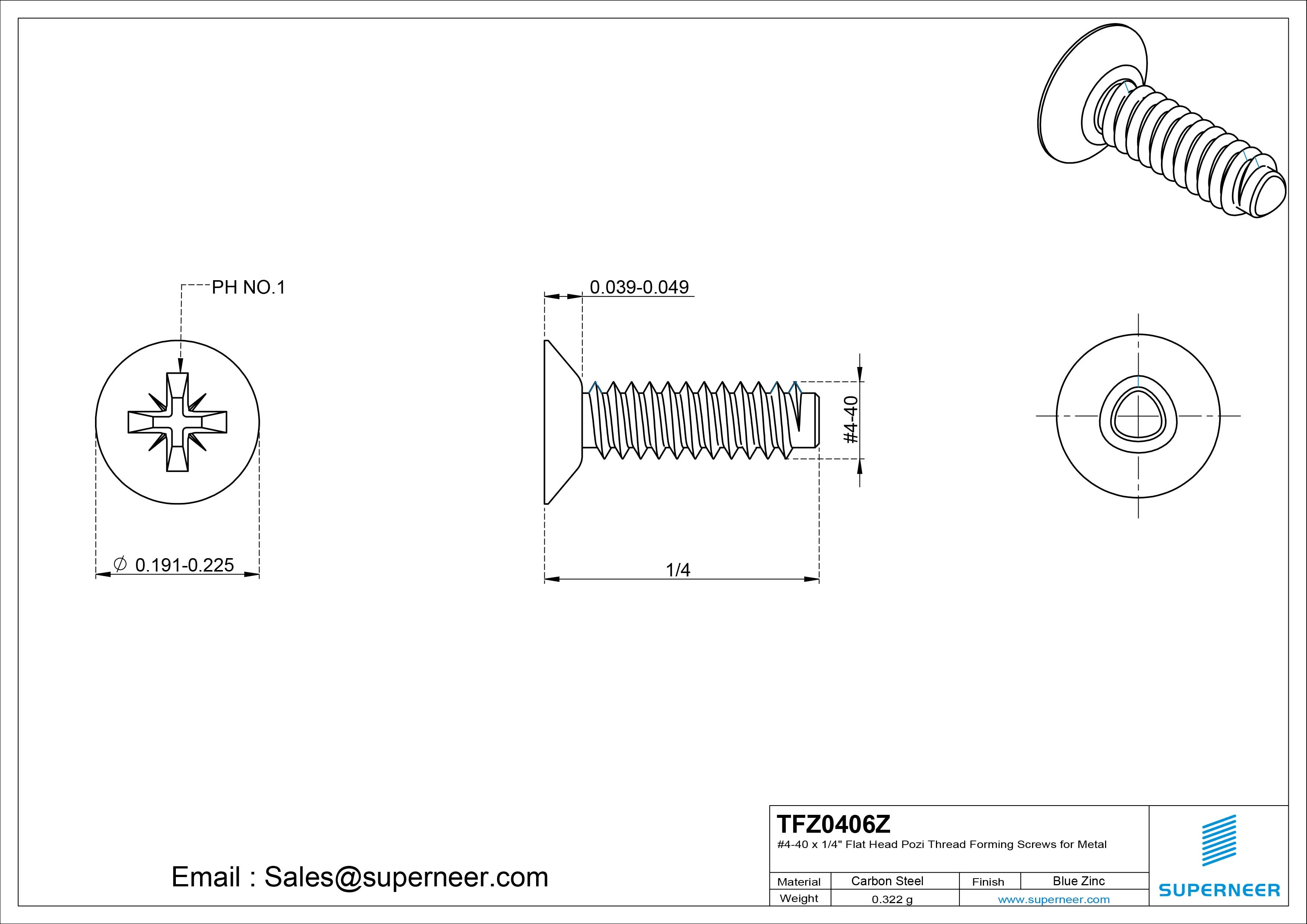 4-40 &times; 3/8 Flat Head Pozi Thread Forming  Screws for Metal  Steel Blue Zinc Plated