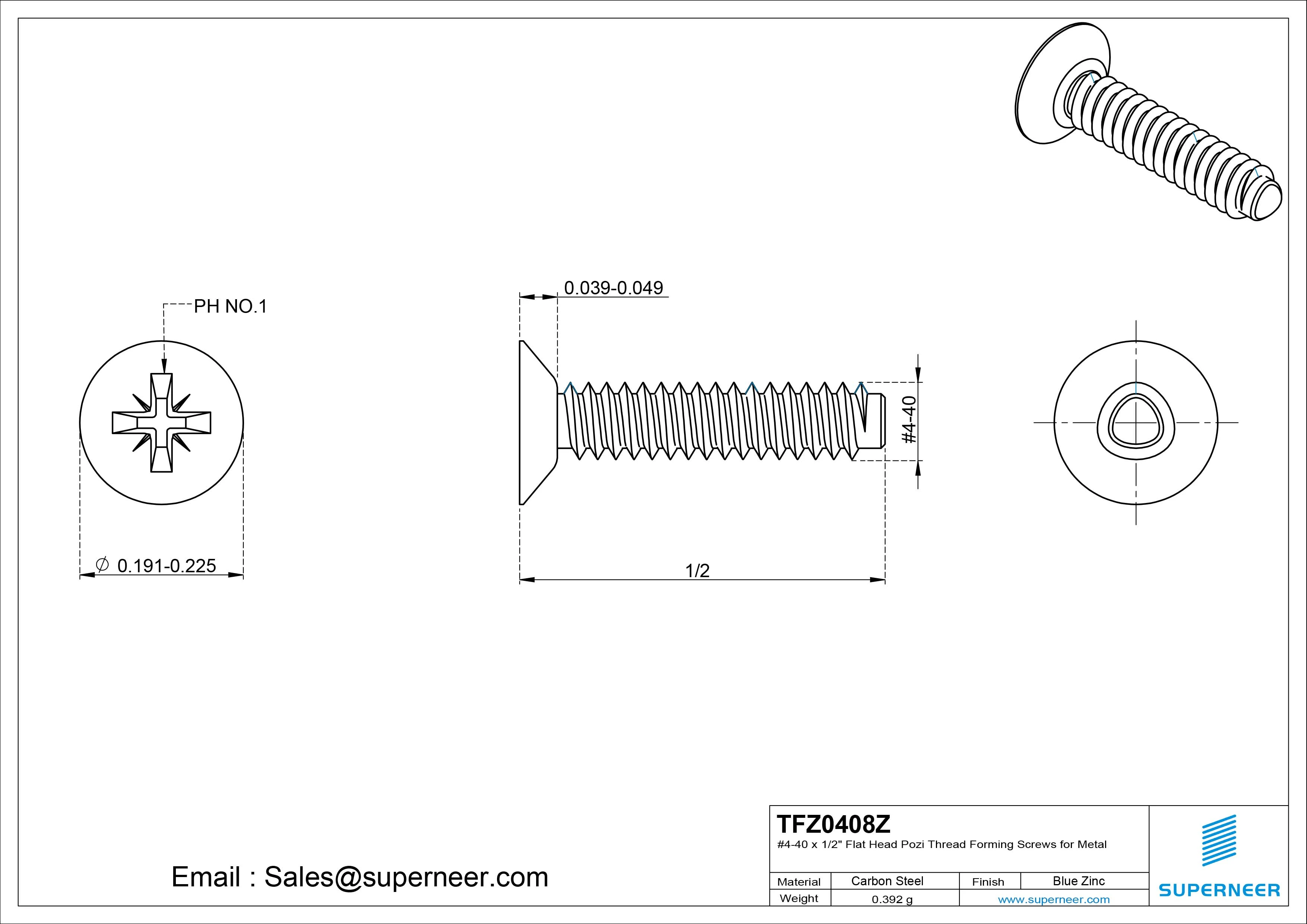 4-40 &times; 1/2 Flat Head Pozi Thread Forming  Screws for Metal  Steel Blue Zinc Plated