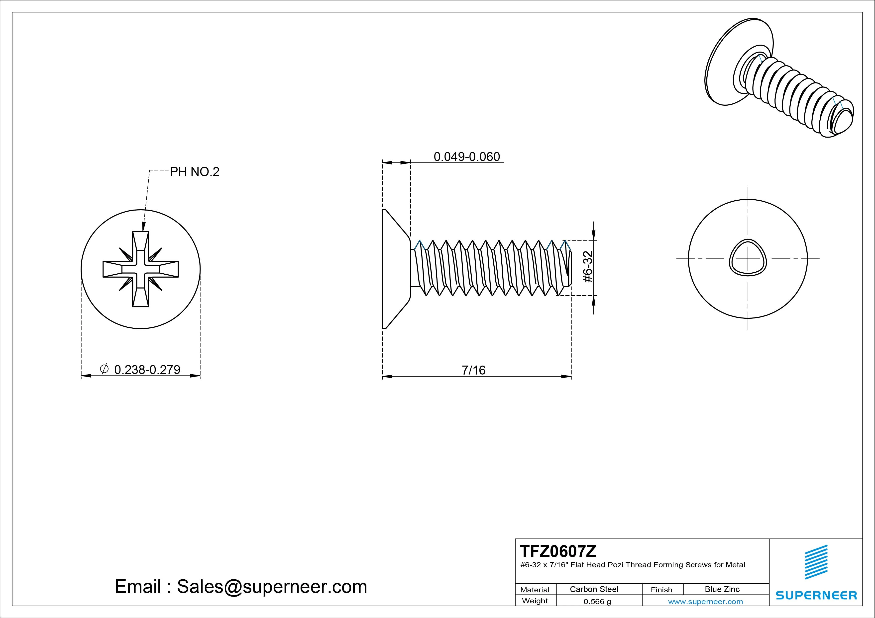 6-32 &times; 7/16 Flat Head Pozi Thread Forming  Screws for Metal  Steel Blue Zinc Plated
