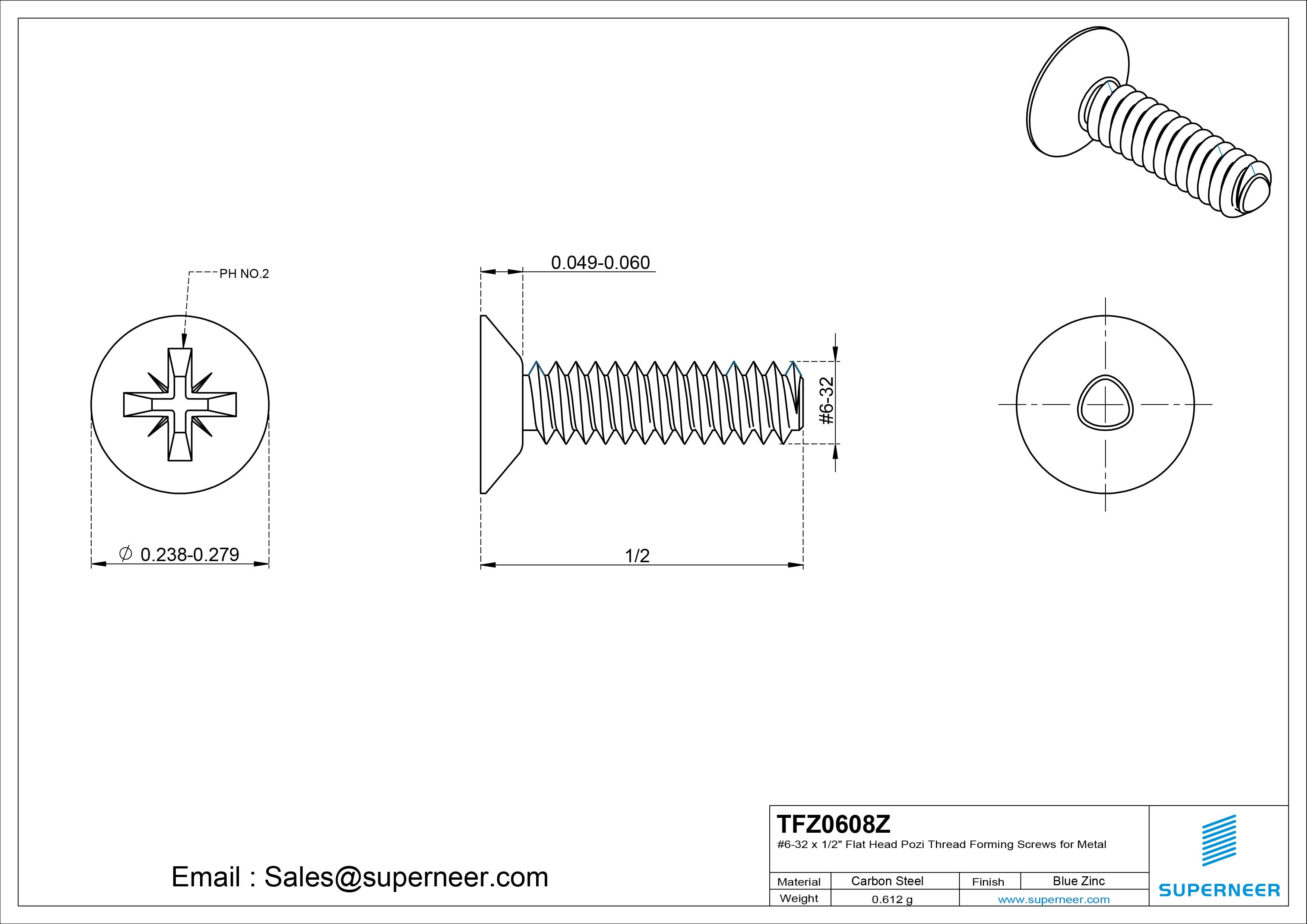 6-32 &times; 1/2 Flat Head Pozi Thread Forming  Screws for Metal  Steel Blue Zinc Plated
