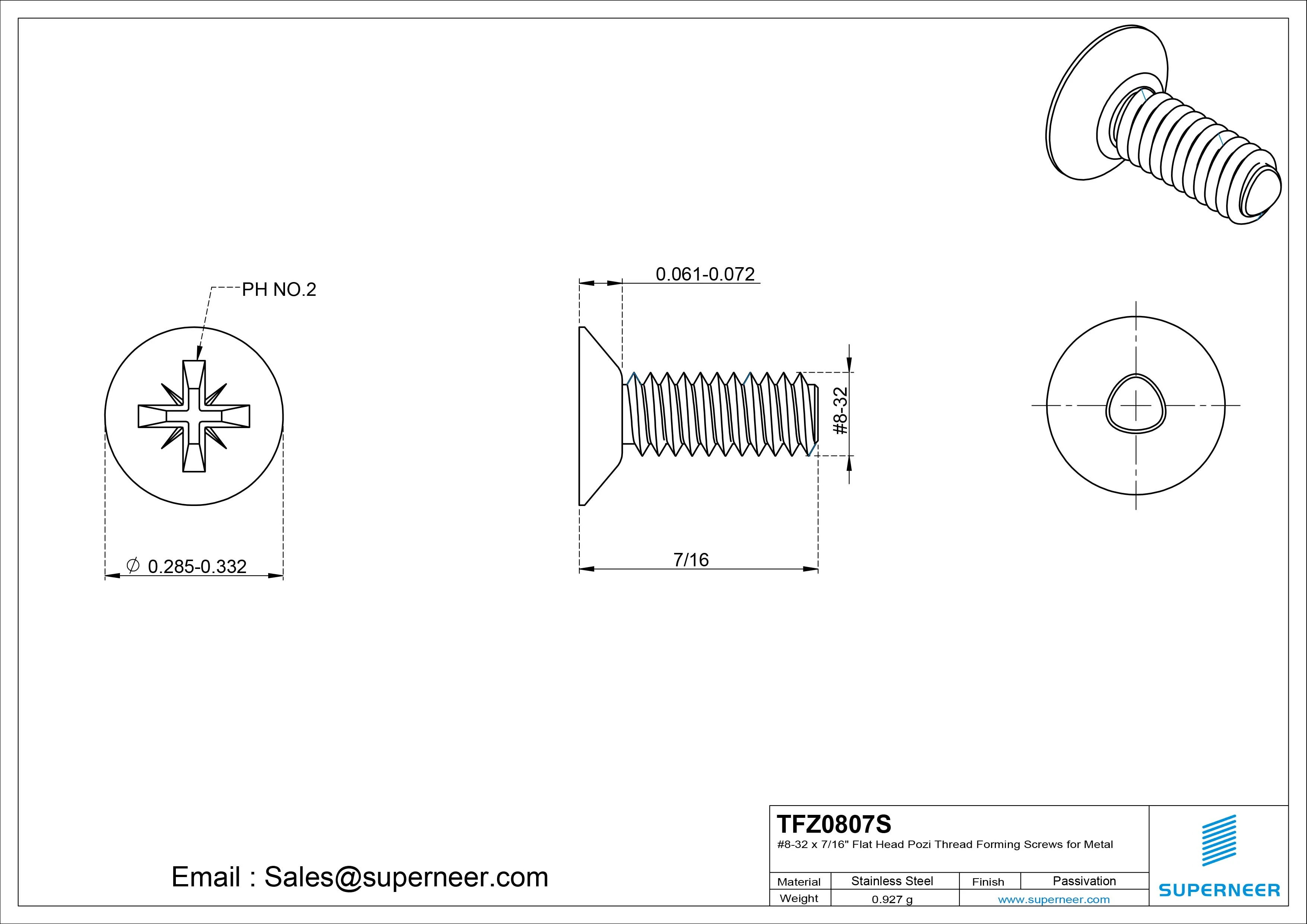 8-32 &times; 7/16 Flat Head Pozi Thread Forming  Screws for Metal  SUS304 Stainless Steel Inox