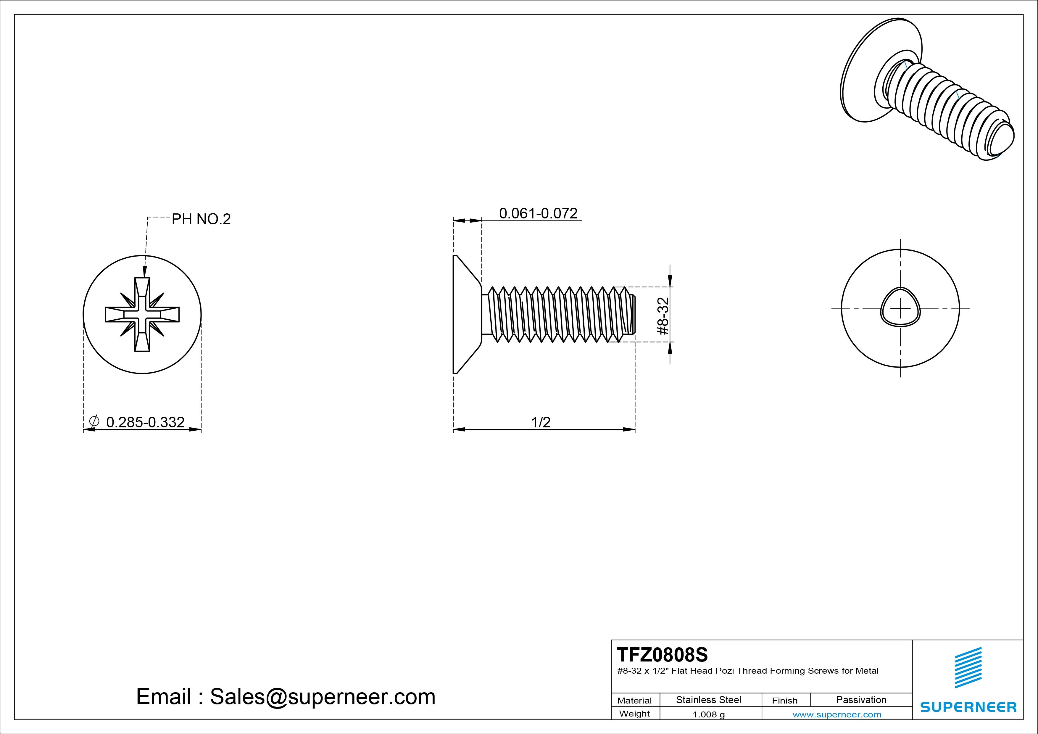8-32 &times; 1/2 Flat Head Pozi Thread Forming  Screws for Metal  SUS304 Stainless Steel Inox