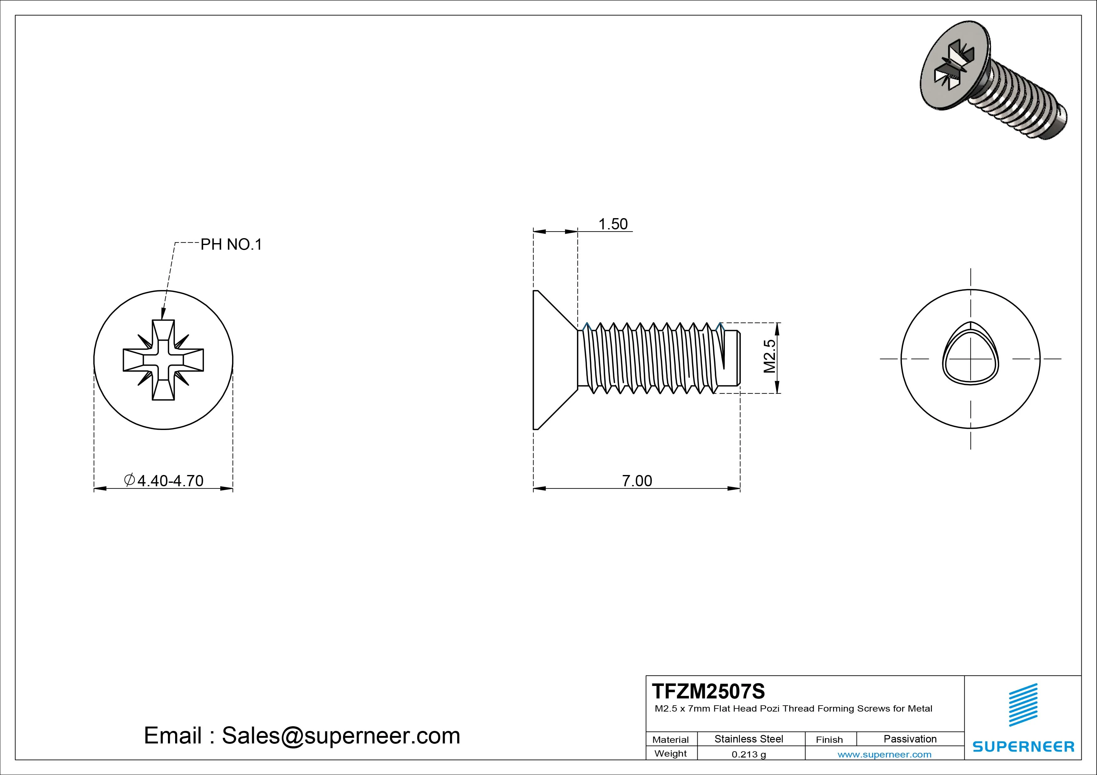 M2.5 &times; 7mm Flat Head Pozi Thread Forming Screws for Metal SUS304 Stainless Steel Inox