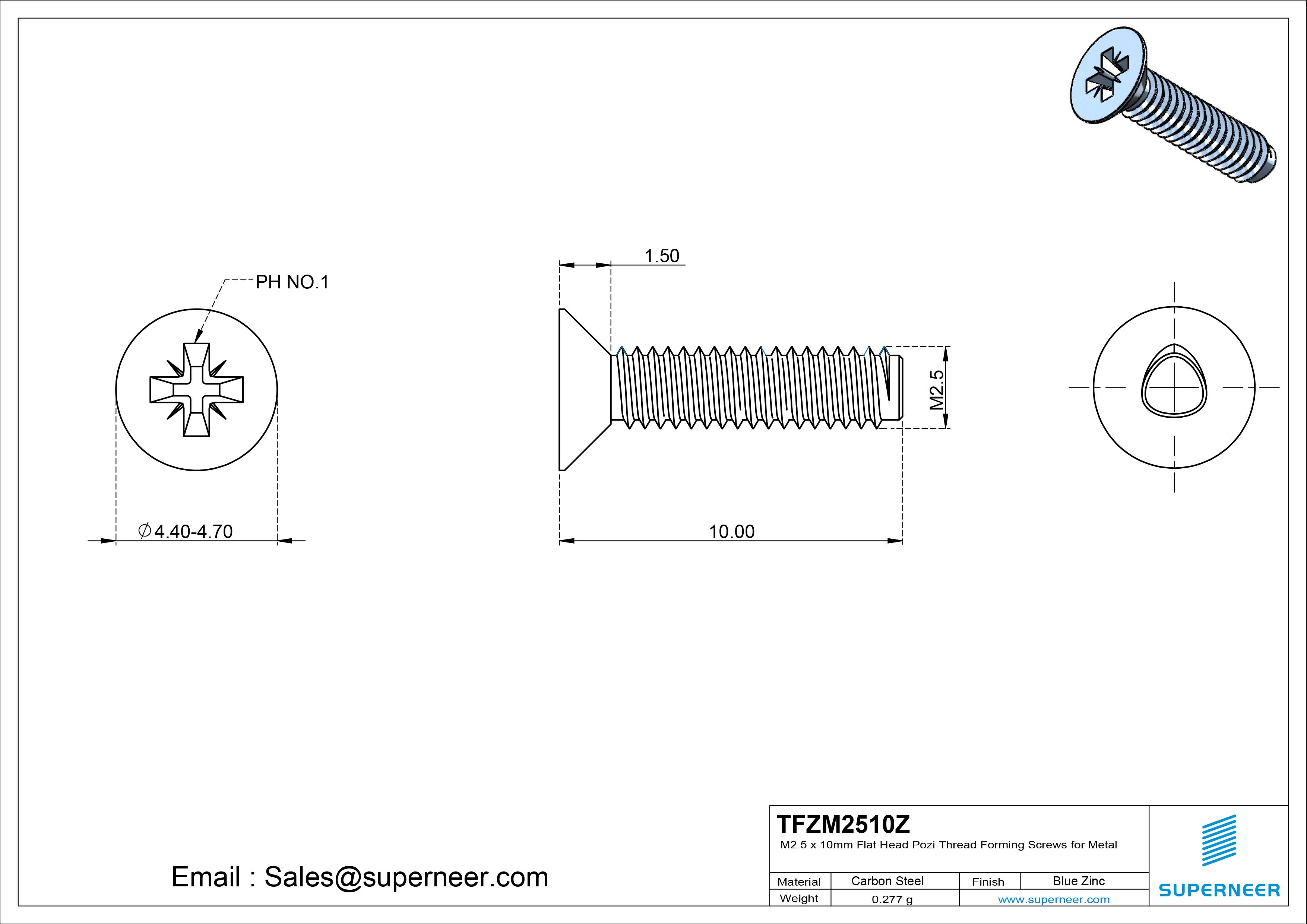 M2.5 &times; 10mm Flat Head Pozi Thread Forming Screws for Metal Steel Blue Zinc Plated