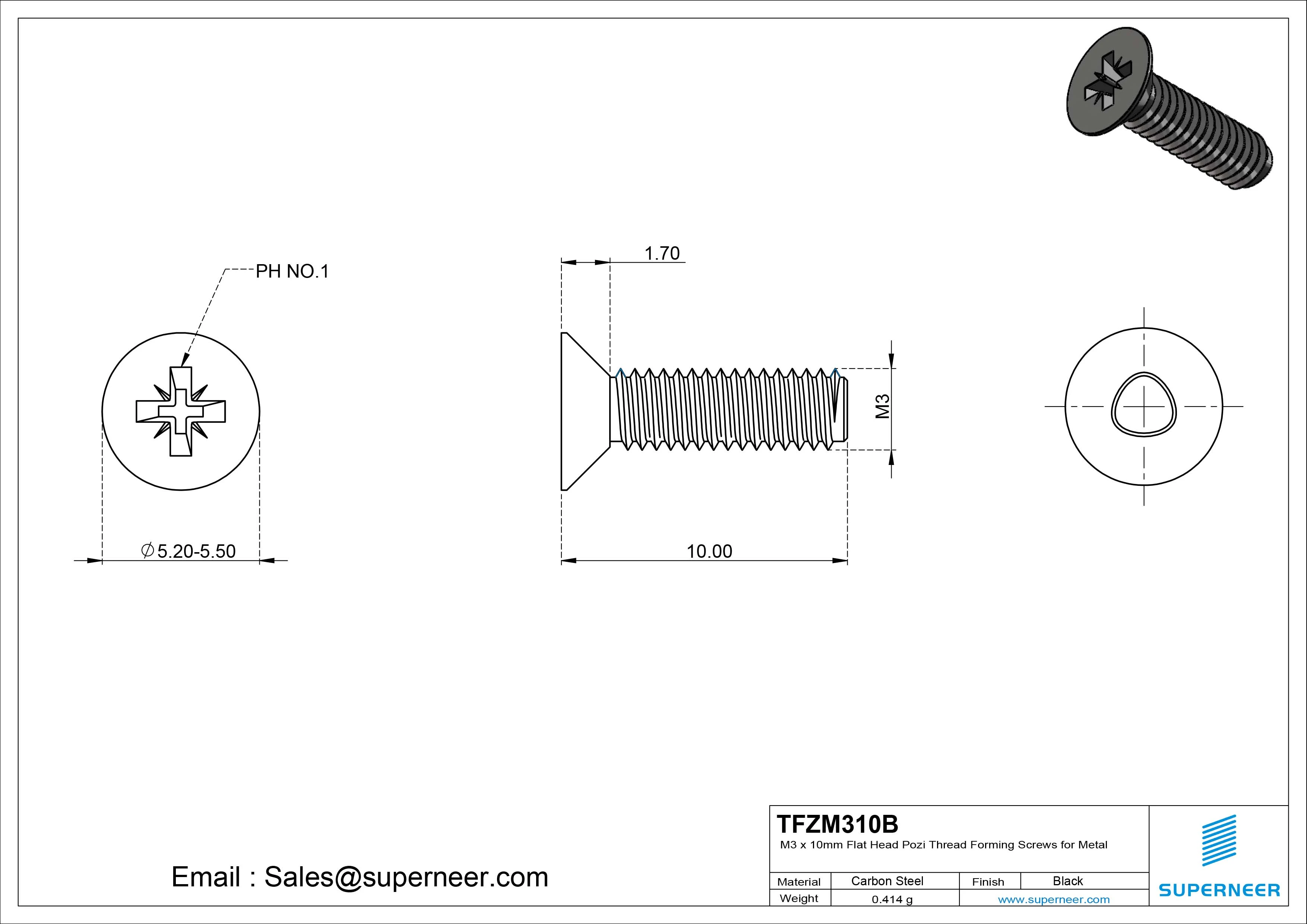M3 &times; 10mm Flat Head Pozi Thread Forming Screws for Metal Steel Black