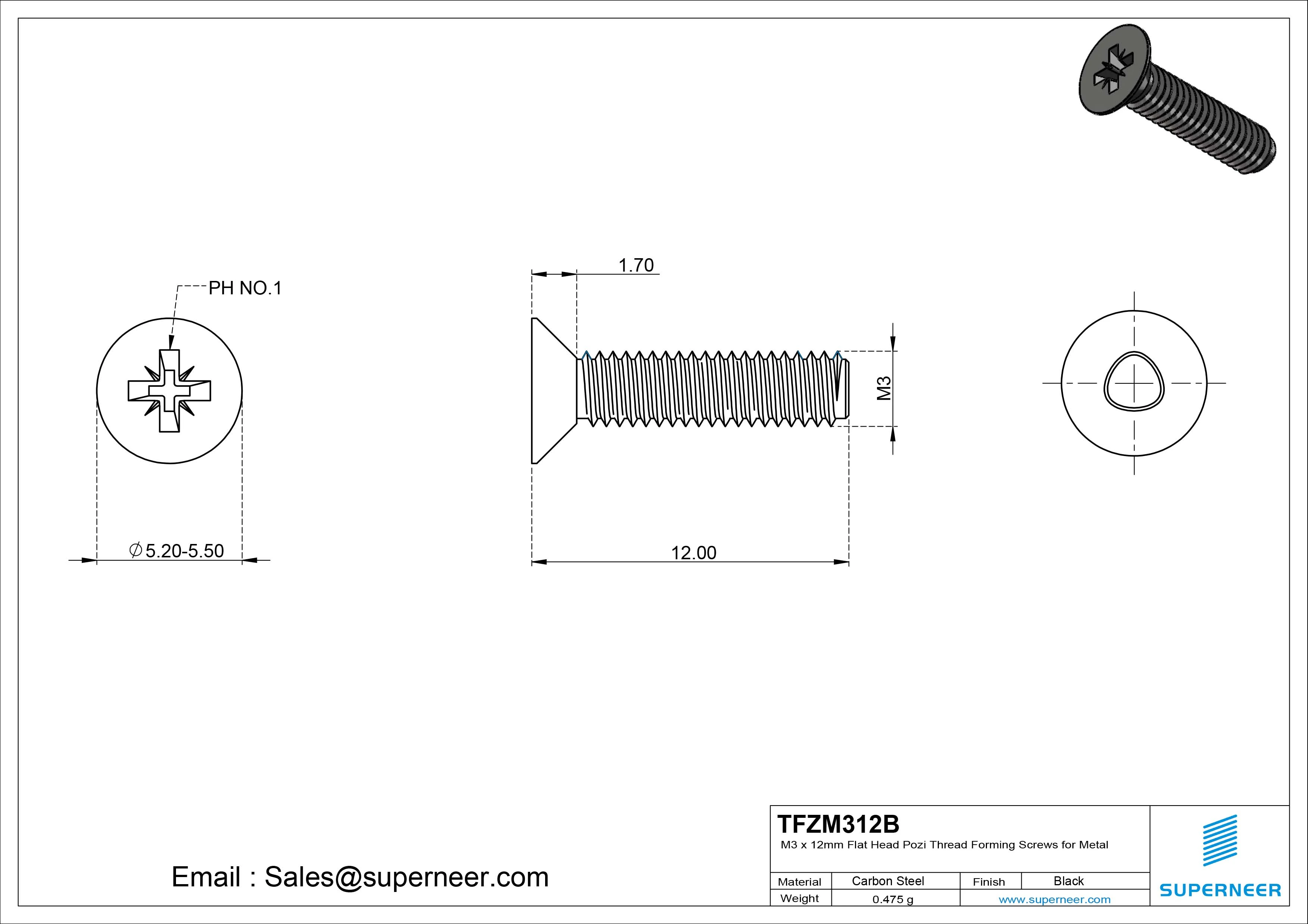 M3 &times; 12mm Flat Head Pozi Thread Forming Screws for Metal Steel Black