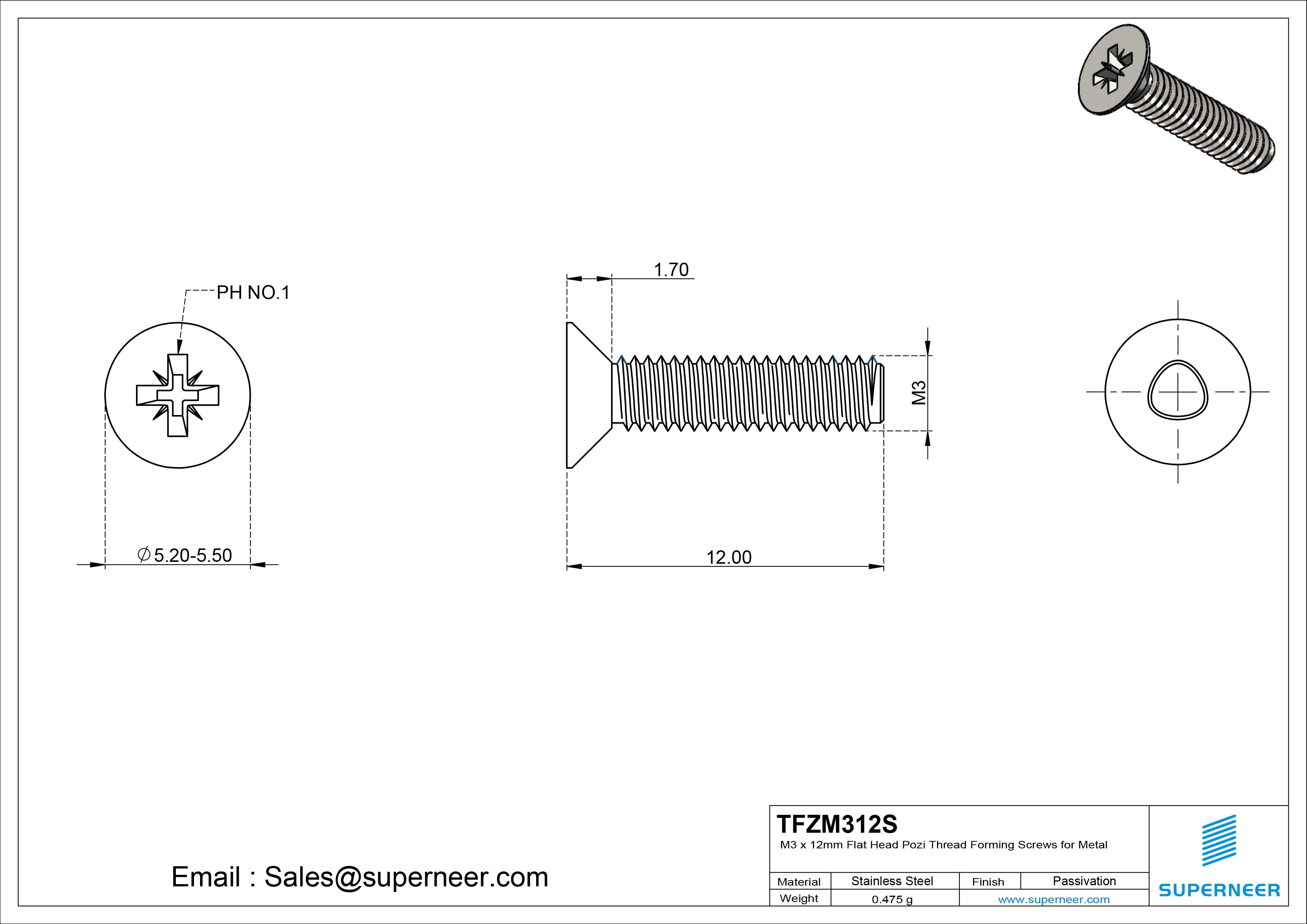 M3 &times; 12mm Flat Head Pozi Thread Forming Screws for Metal SUS304 Stainless Steel Inox