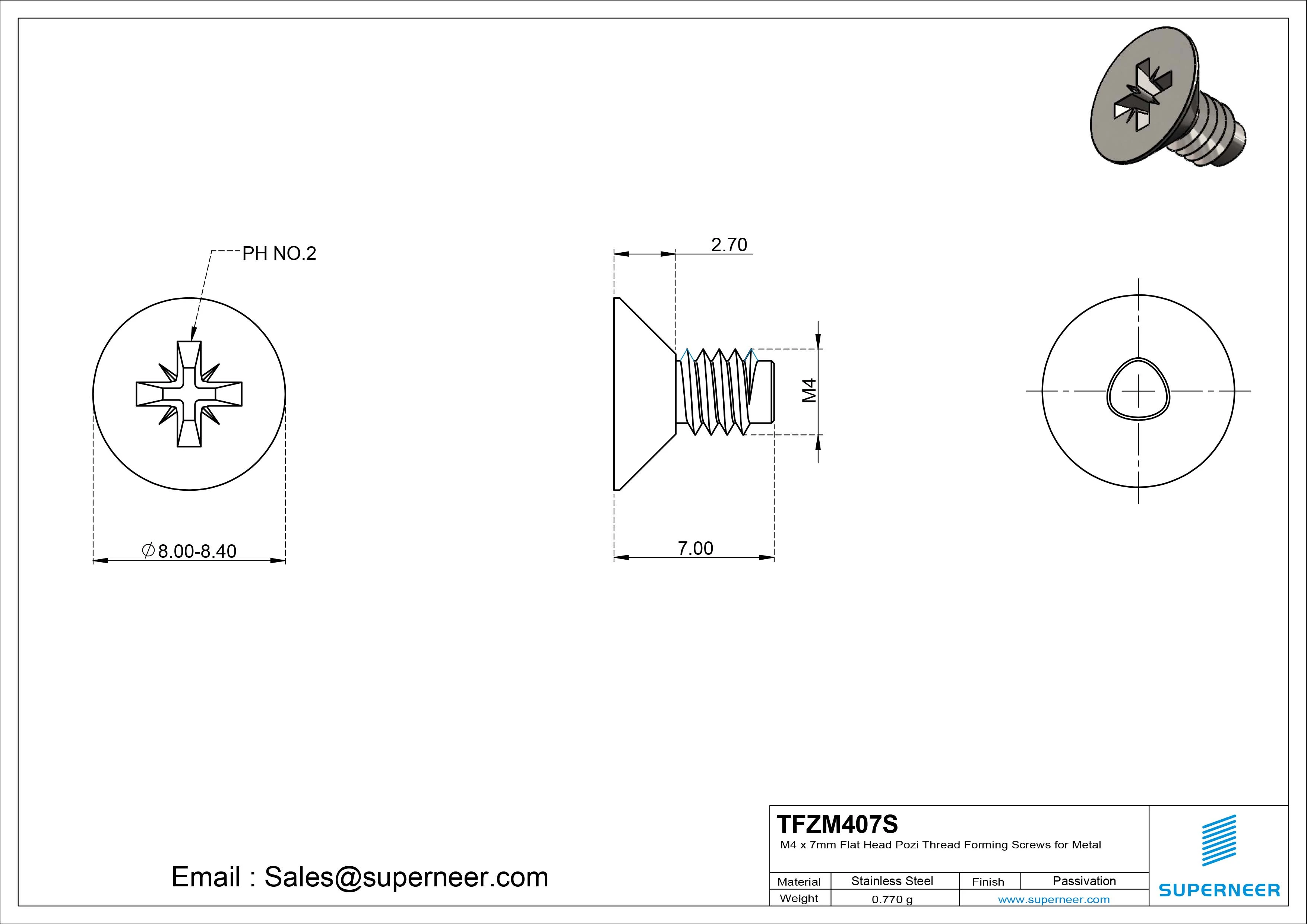 M4 &times; 7mm Flat Head Pozi Thread Forming Screws for Metal SUS304 Stainless Steel Inox