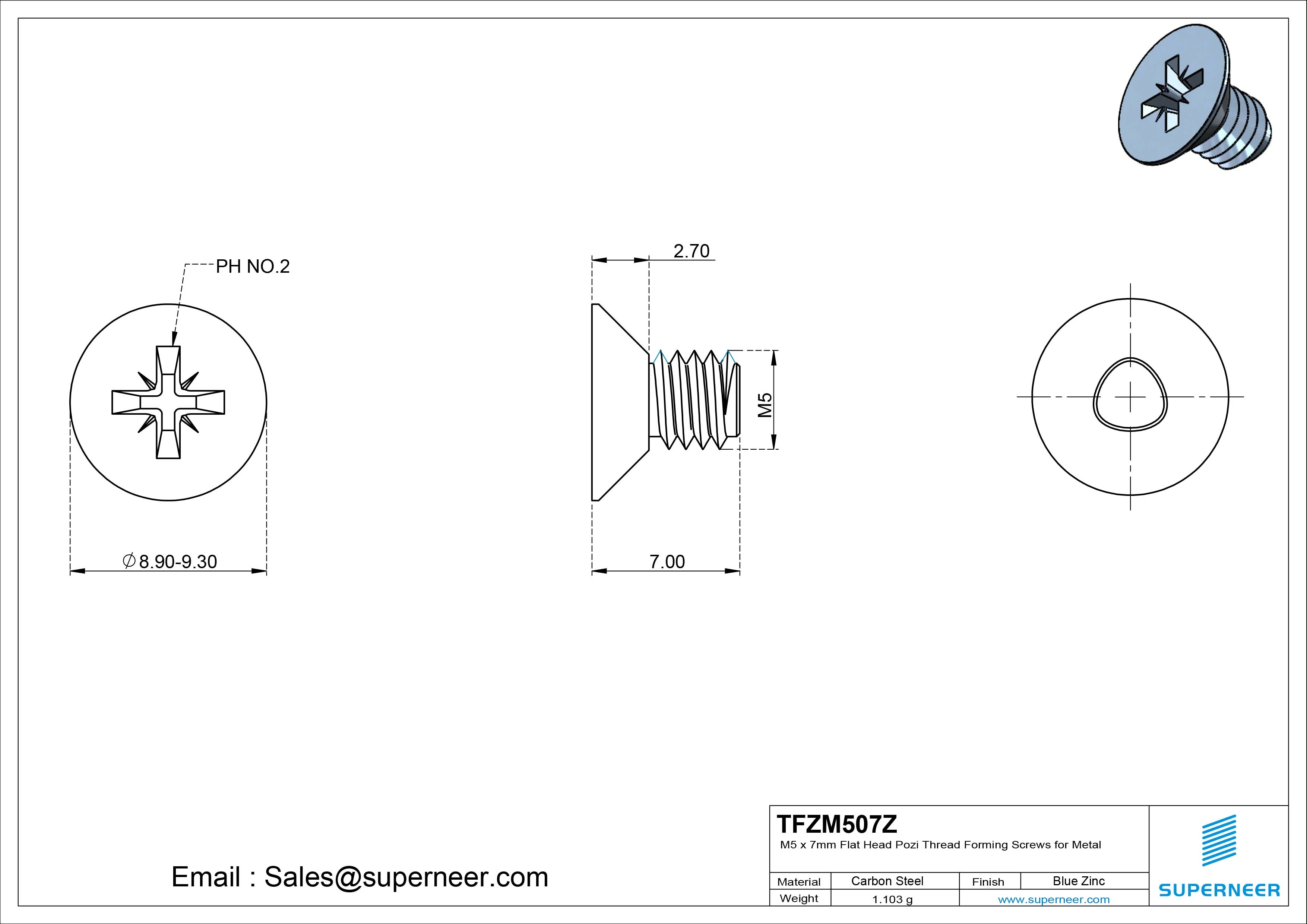 M5 &times; 7mm Flat Head Pozi Thread Forming Screws for Metal Steel Blue Zinc Plated