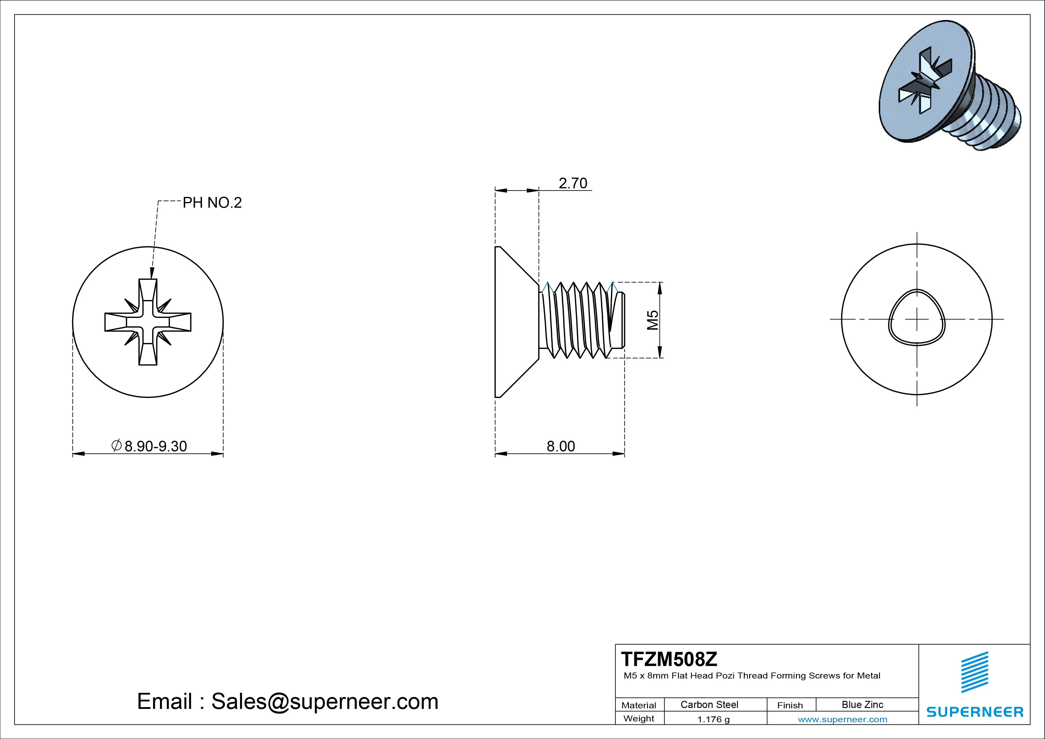 M5 &times; 8mm Flat Head Pozi Thread Forming Screws for Metal Steel Blue Zinc Plated