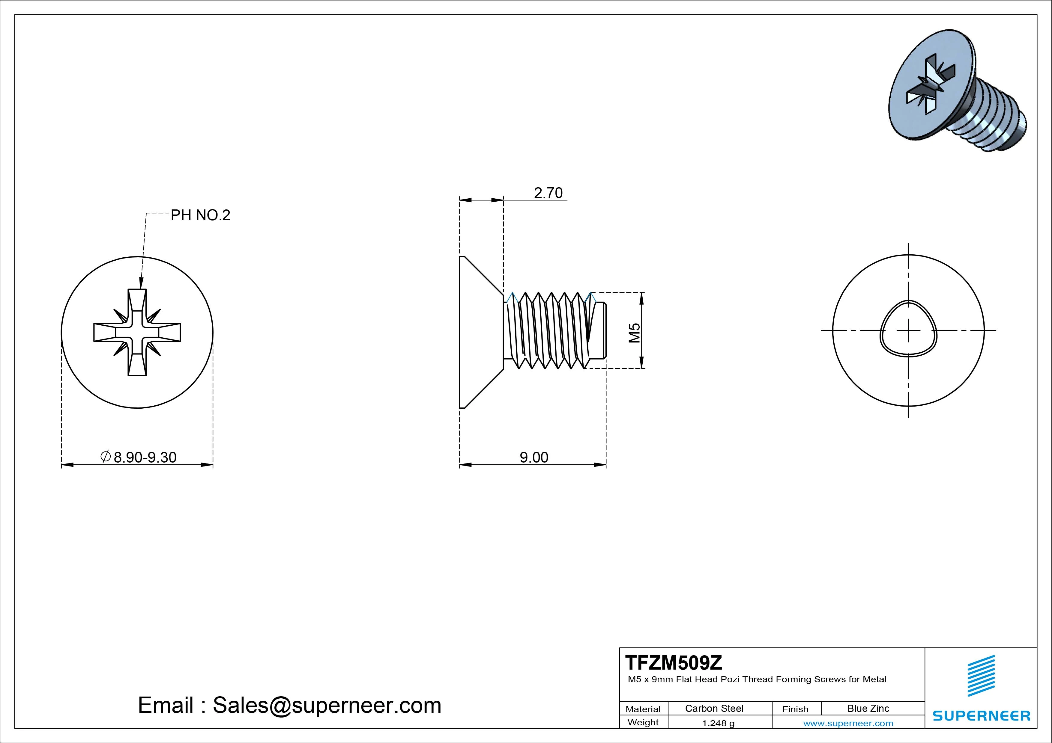 M5 &times; 9mm Flat Head Pozi Thread Forming Screws for Metal Steel Blue Zinc Plated
