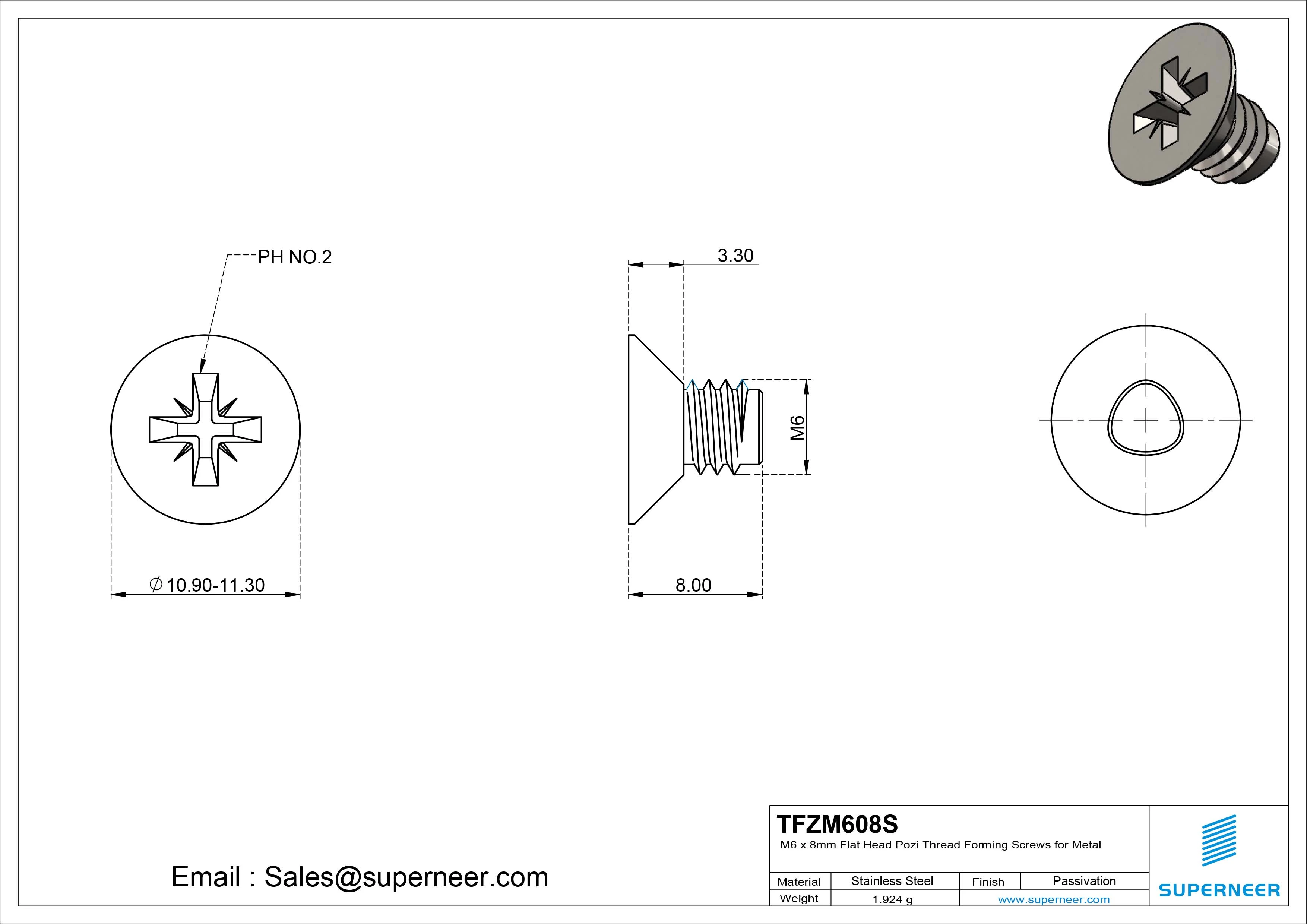 M6 &times; 8mm Flat Head Pozi Thread Forming Screws for Metal SUS304 Stainless Steel Inox