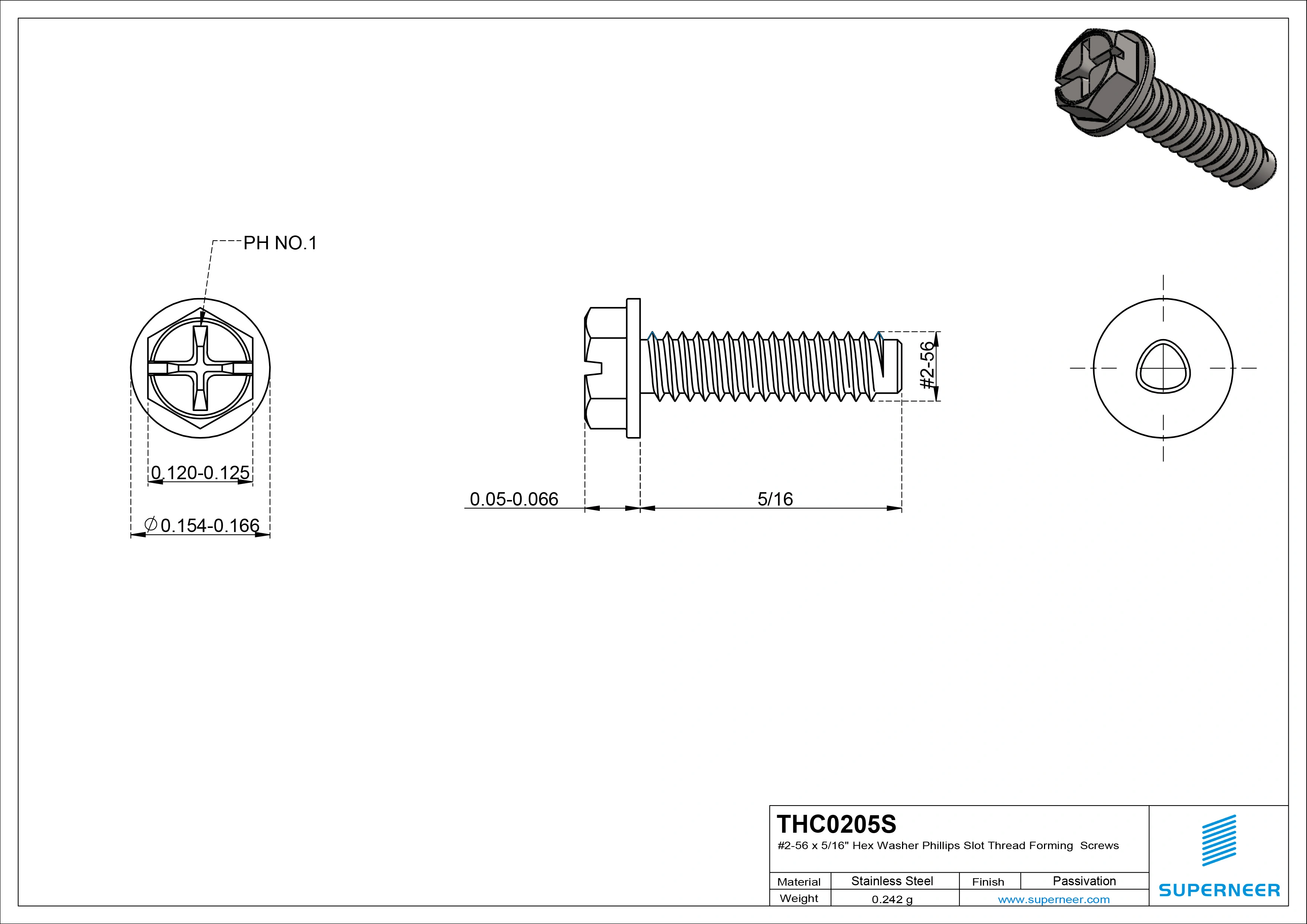 2-56 &times; 5/16 Hex Washer Phillips Slot Thread Forming  Screws for Metal  SUS304 Stainless Steel Inox